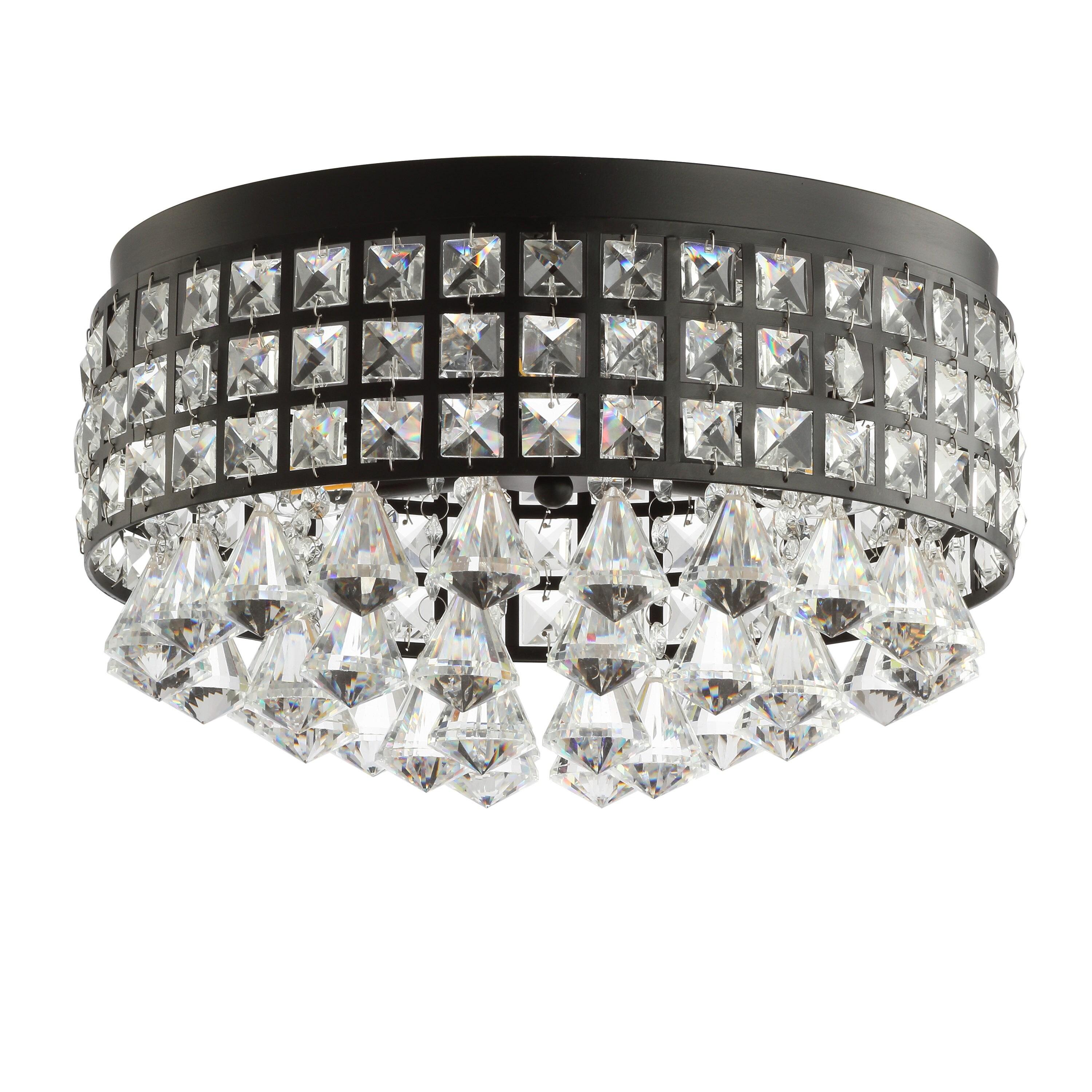 JONATHAN Y Meredith 14.5" 3-Light Crystal Drops/Metal LED Flush Mount, Black