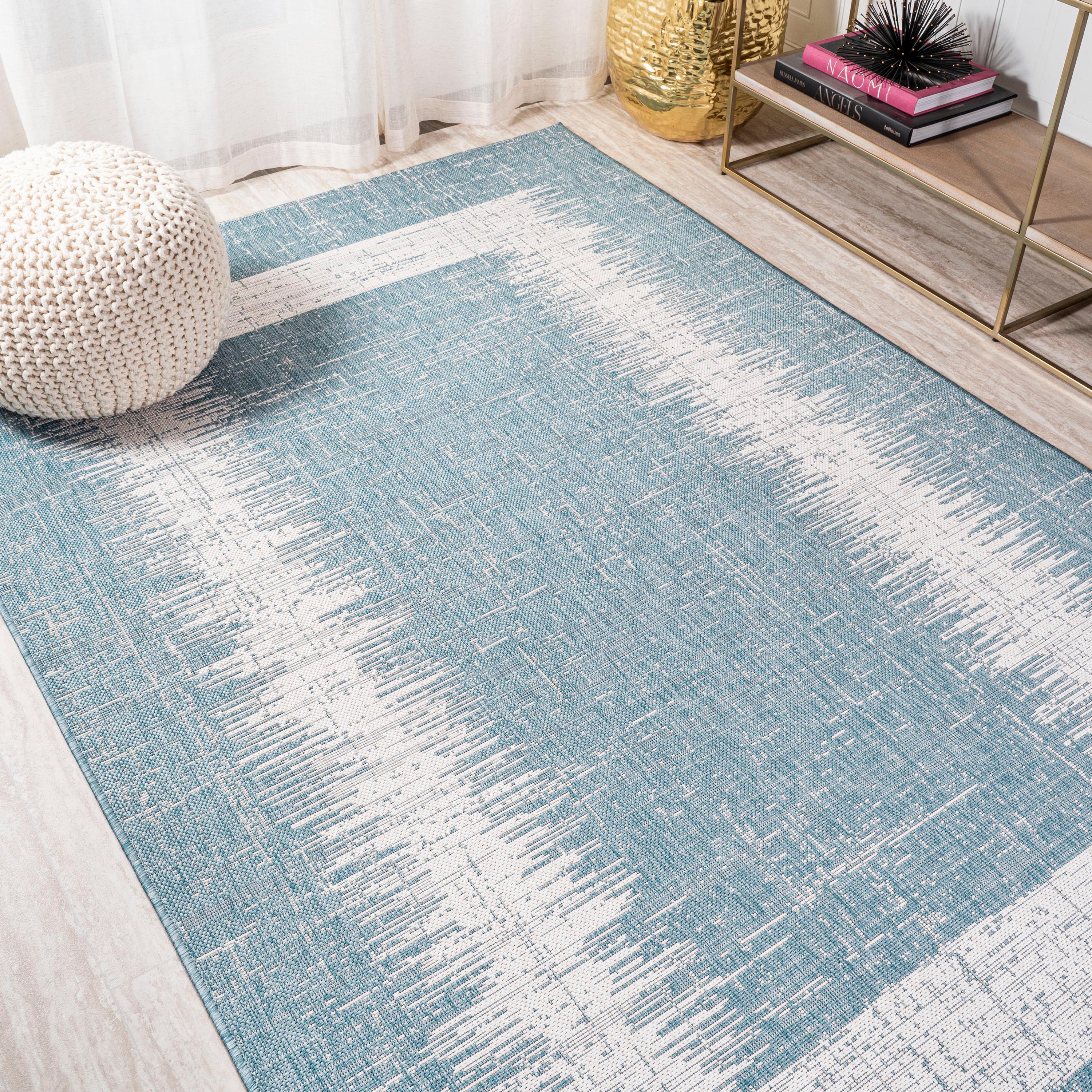 3'x5' Scandi Minimalist Border Indoor/Outdoor Area Rug, Aqua/Ivory - JONATHAN Y