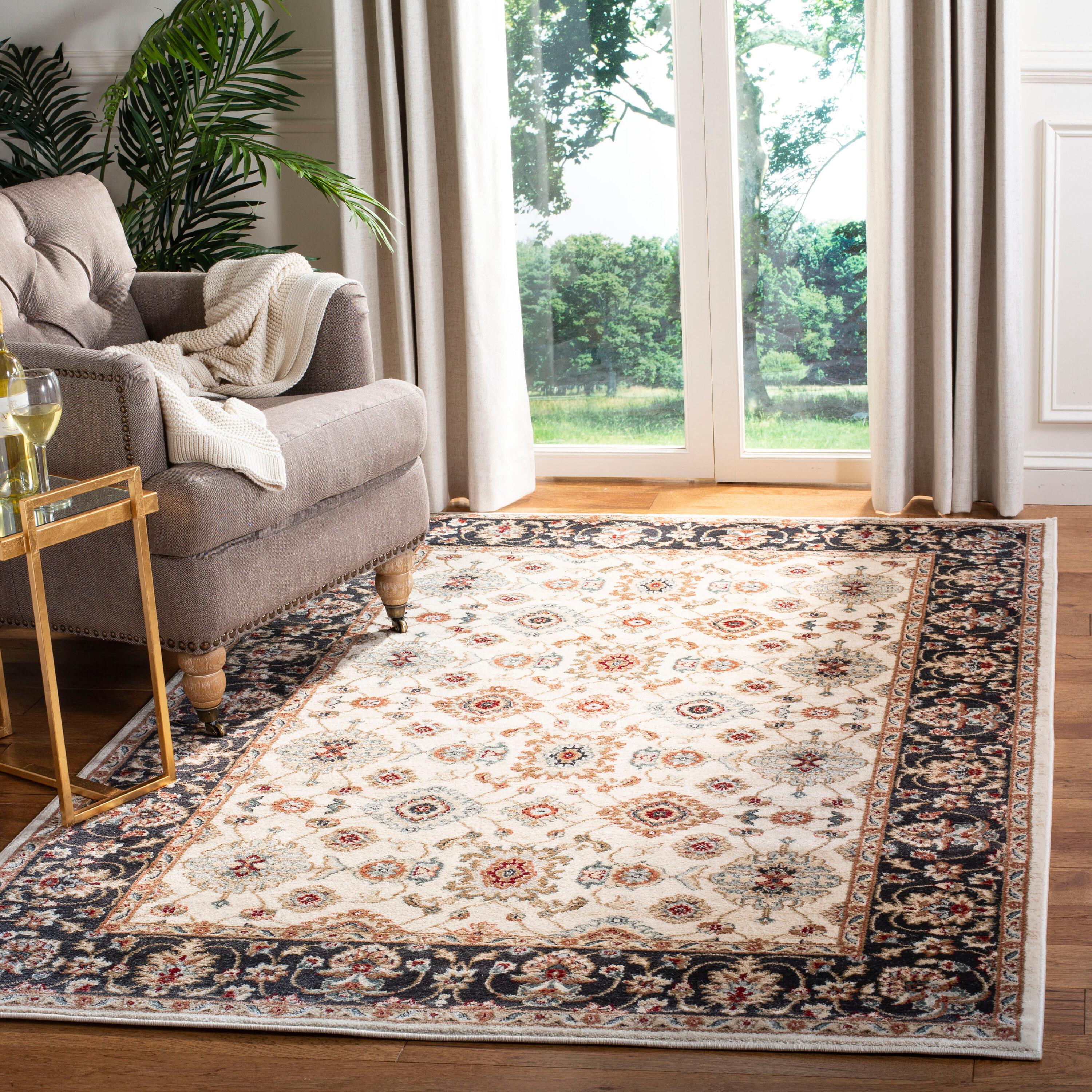 Cream and Navy Rectangular Hand-Knotted Synthetic Area Rug