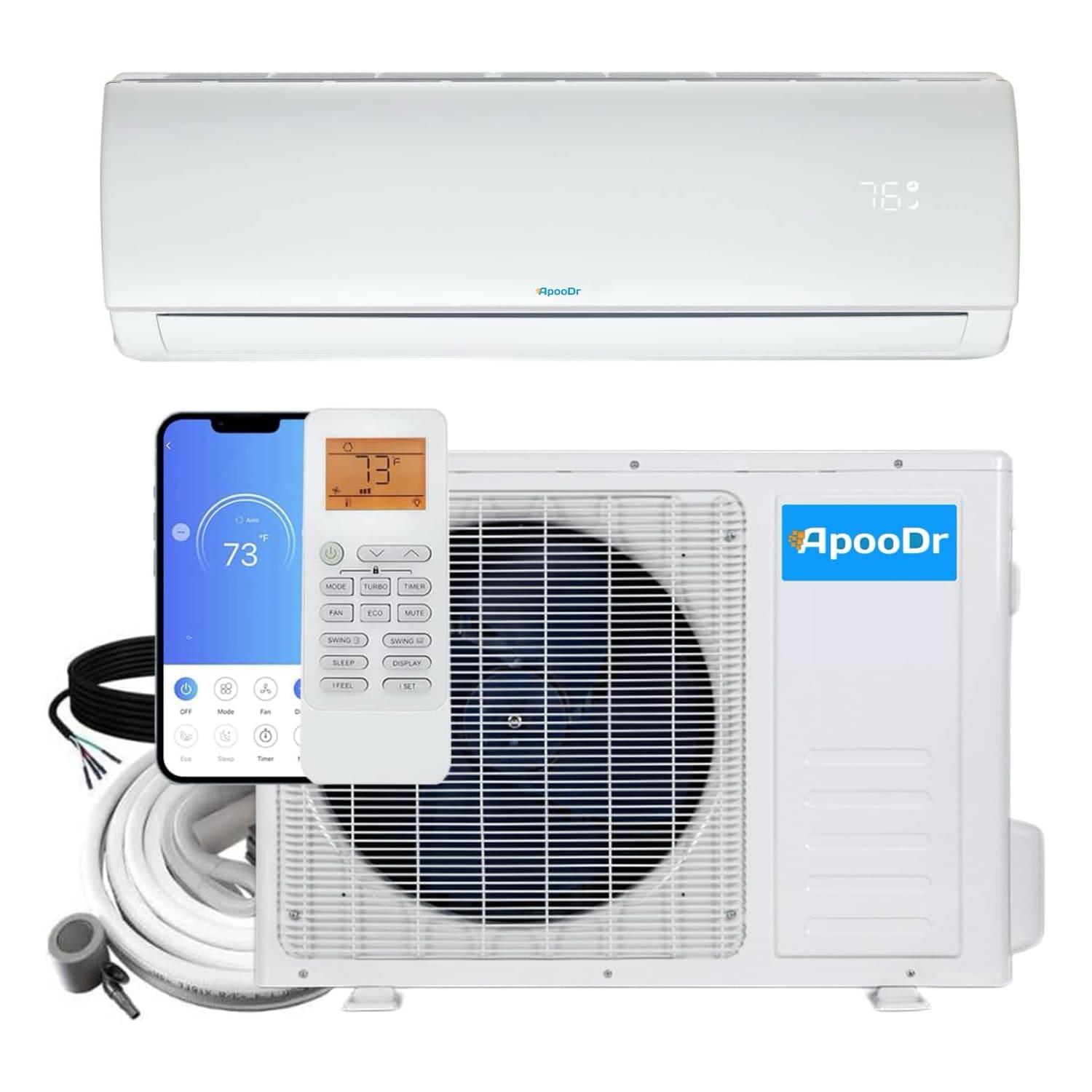 ApooDr 12,000 BTU 19 SEER2, 115-Volt, Ductless Mini Split AC with Heat Pump, Wi-Fi, 16Ft. Lineset