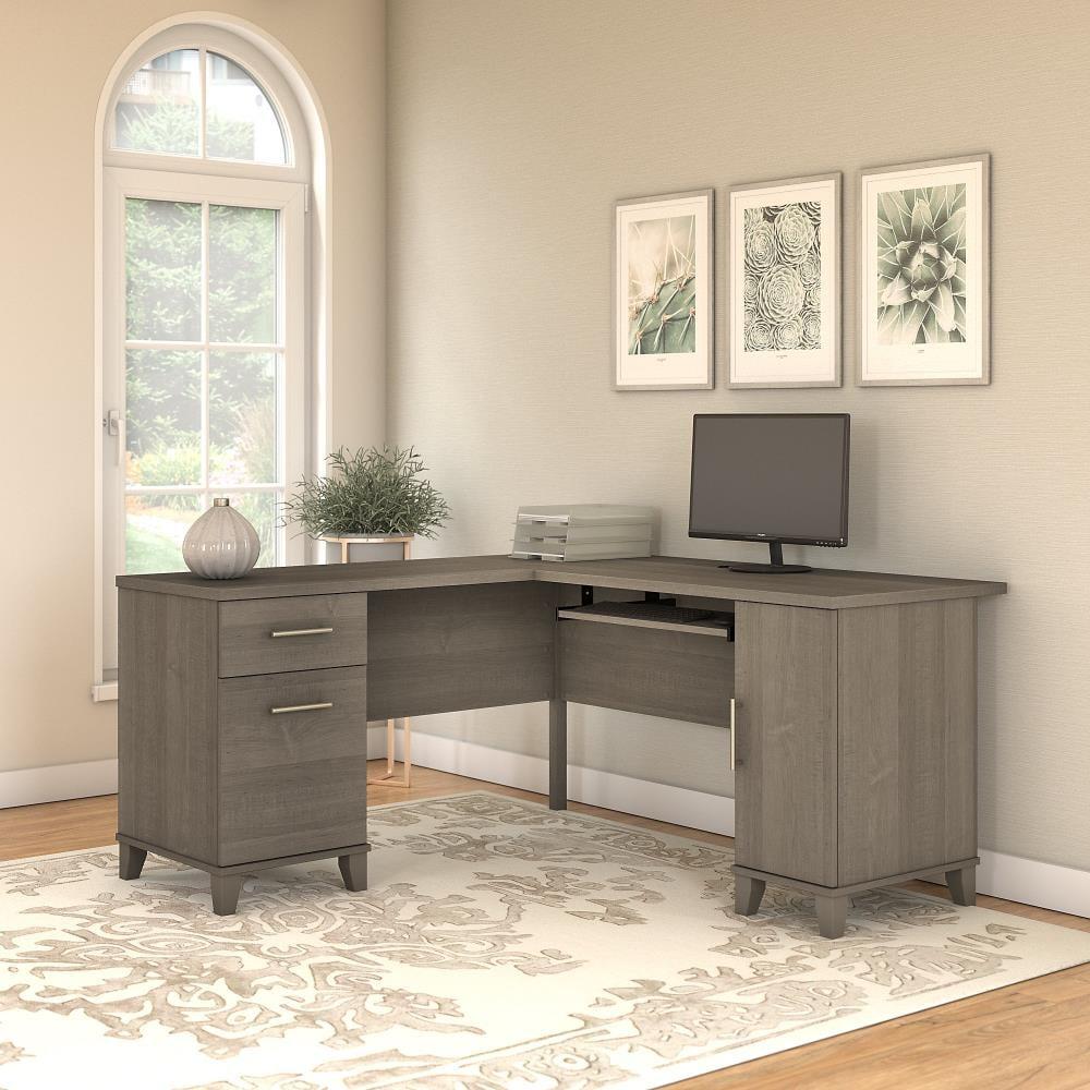 Bush Furniture Somerset 60 in L Desk with Keyboard Tray, File Drawer, Box Drawer and Storage Cabinet in Ash Gray (Ships in 2 Boxes)