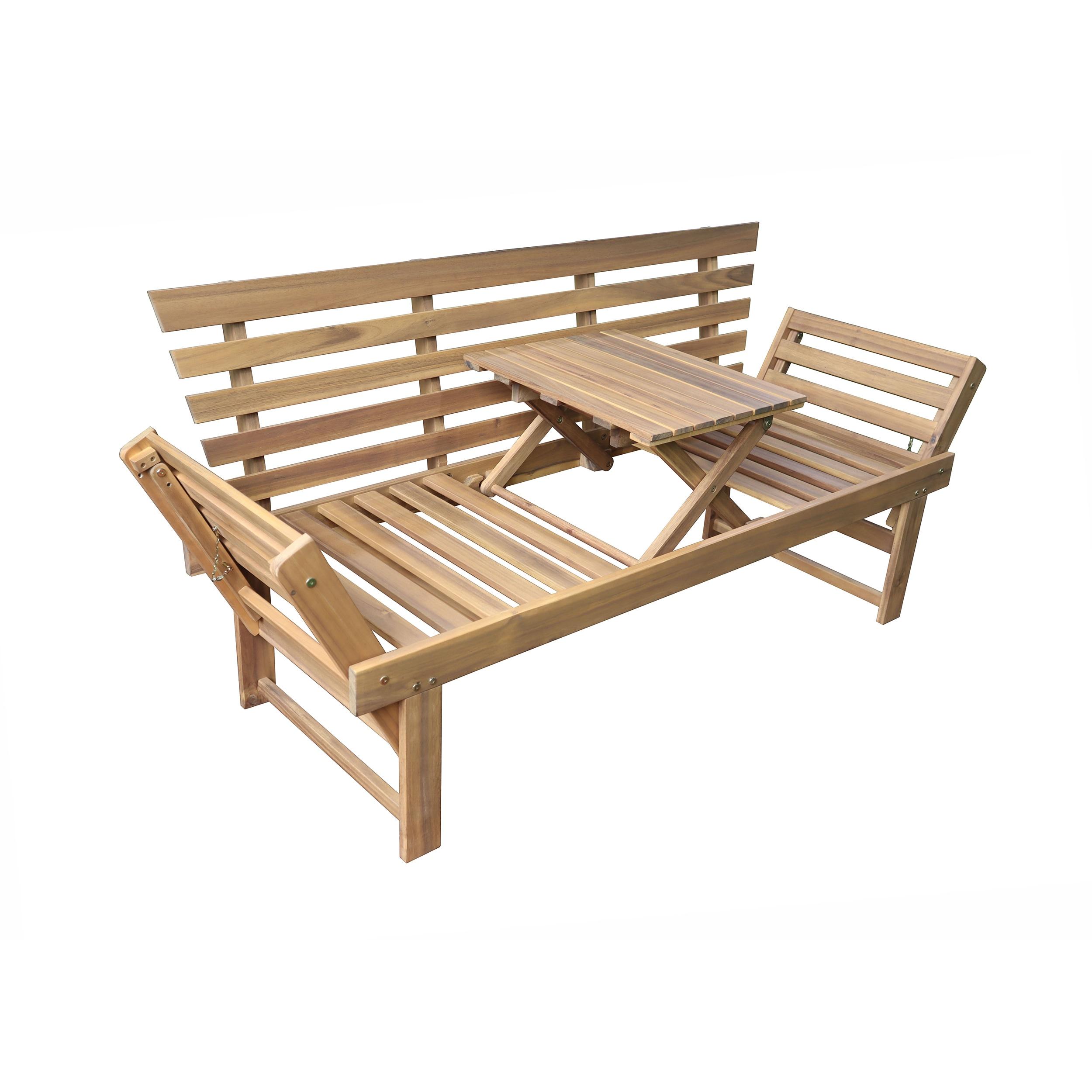 Outdoor Acacia Wood Patio Bench/Lounge with Fold Down Center Table & Side Panels