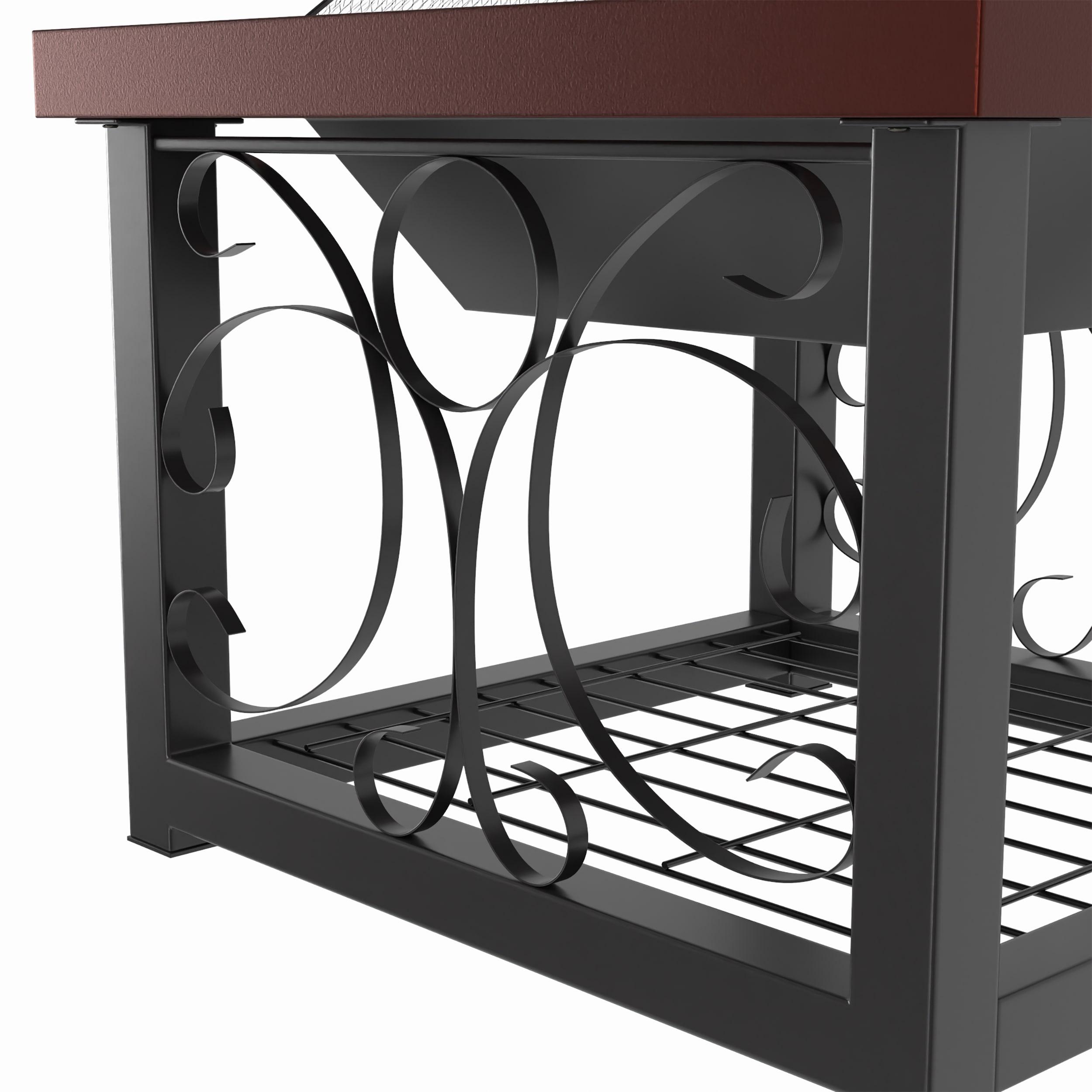 Fire Sense Fire Pit Cocktail Square Table Wood Burning Mesh Spark Screen Wood Grate with Storage Rack – Hammered Bronze Finish