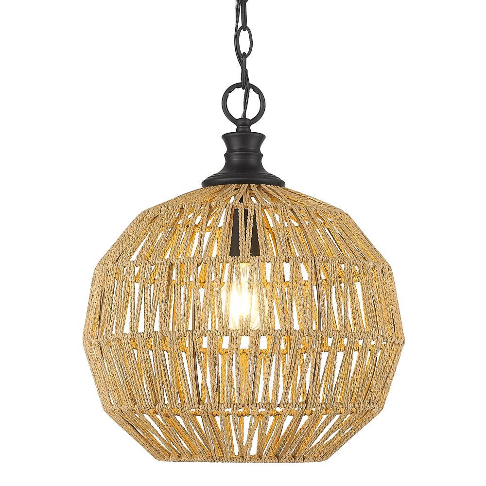 Golden Lighting Florence 1-Light Pendant in Matte Black with Natural Raphia Rope