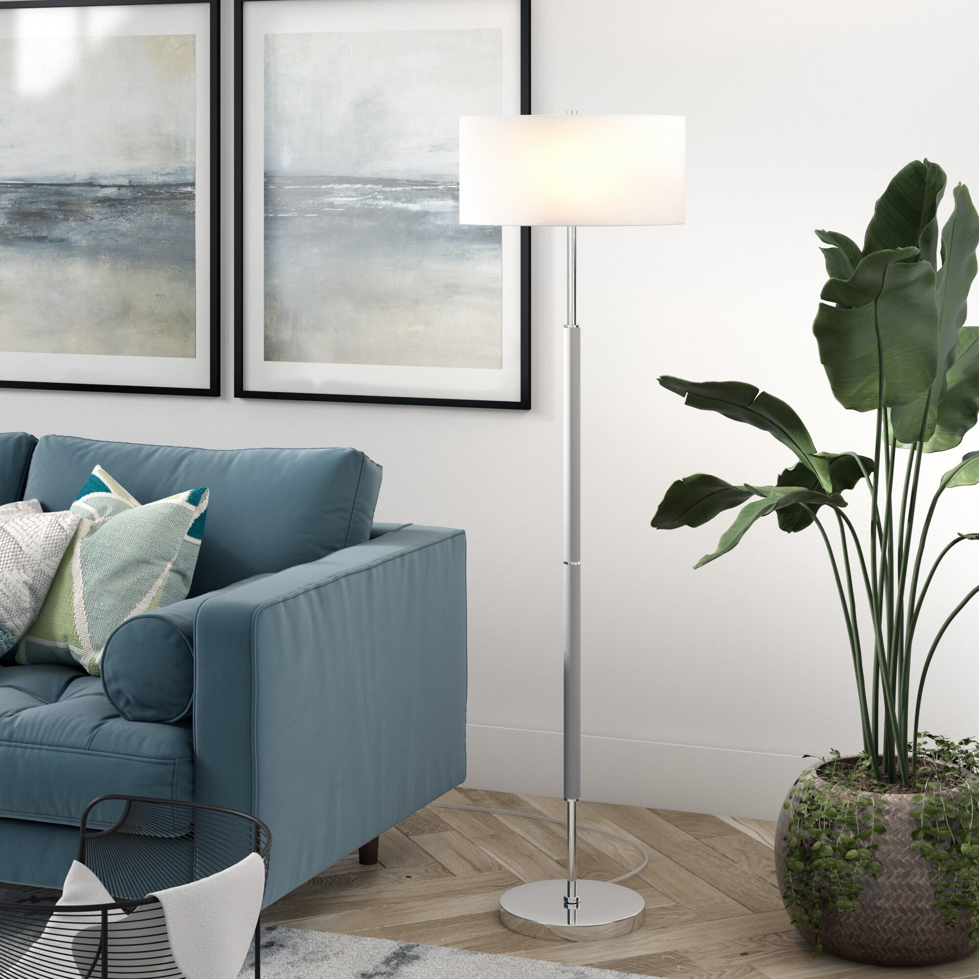 Evelyn&Zoe Simone 2-Light Floor Lamp with Fabric Shade, Cool Gray/Polished Nickel/White