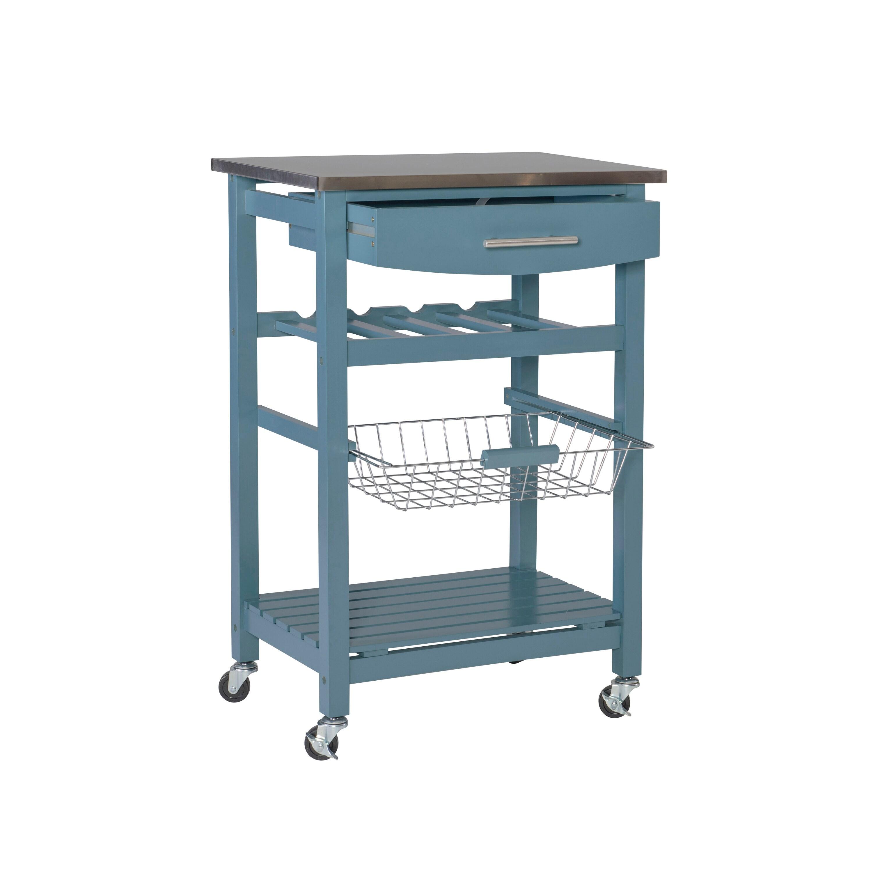 Clarke Blue Wood Kitchen Cart Stainless Steel Top Basket & Drawer Wine Storage Rack - Linon