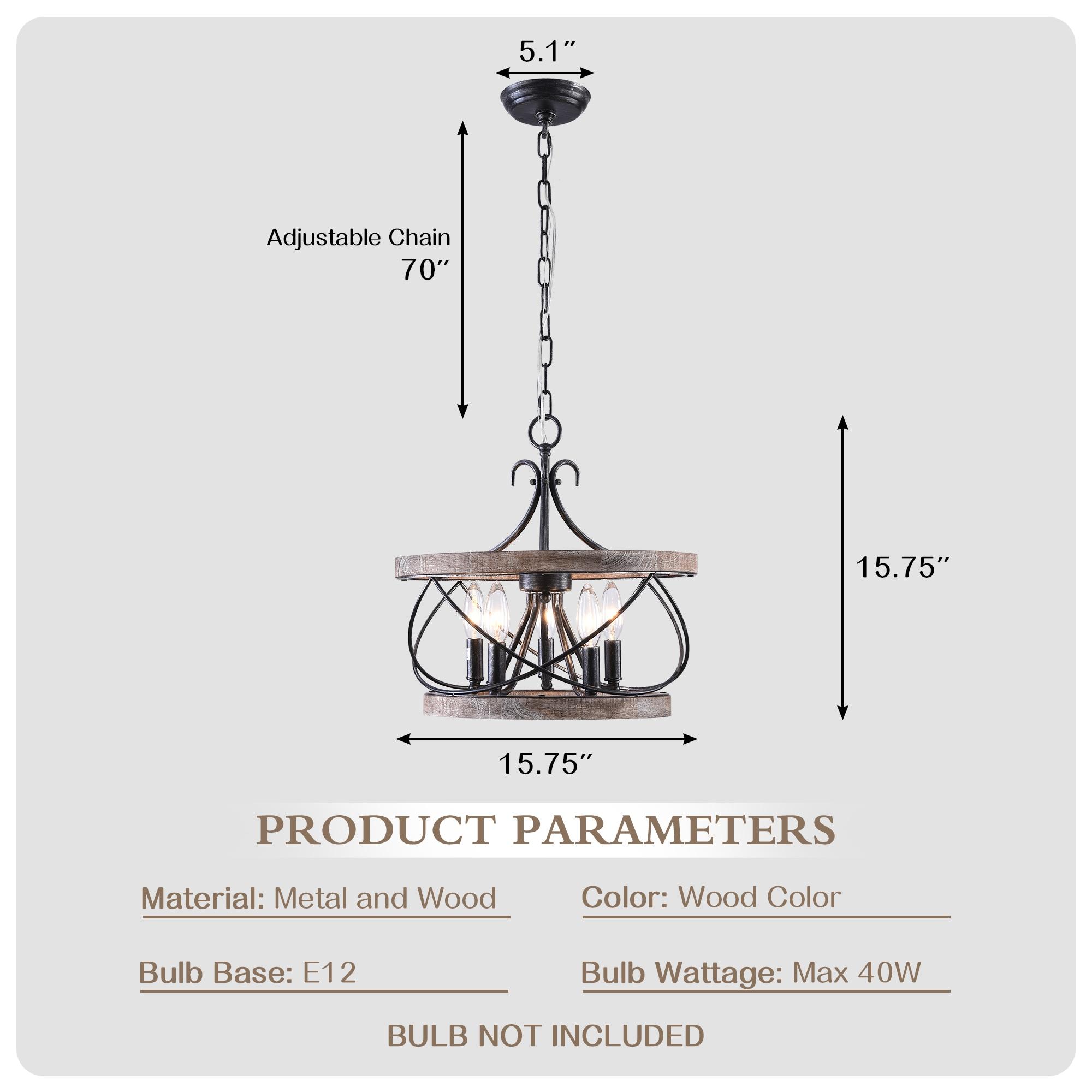 Cusp Barn  5-Light Farmhouse Wood Chandelier Adjustable Handmade Rustic Drum Ceiling Light Fixture Hanging Lamp for Foyer Kitchen 15.7-inch -