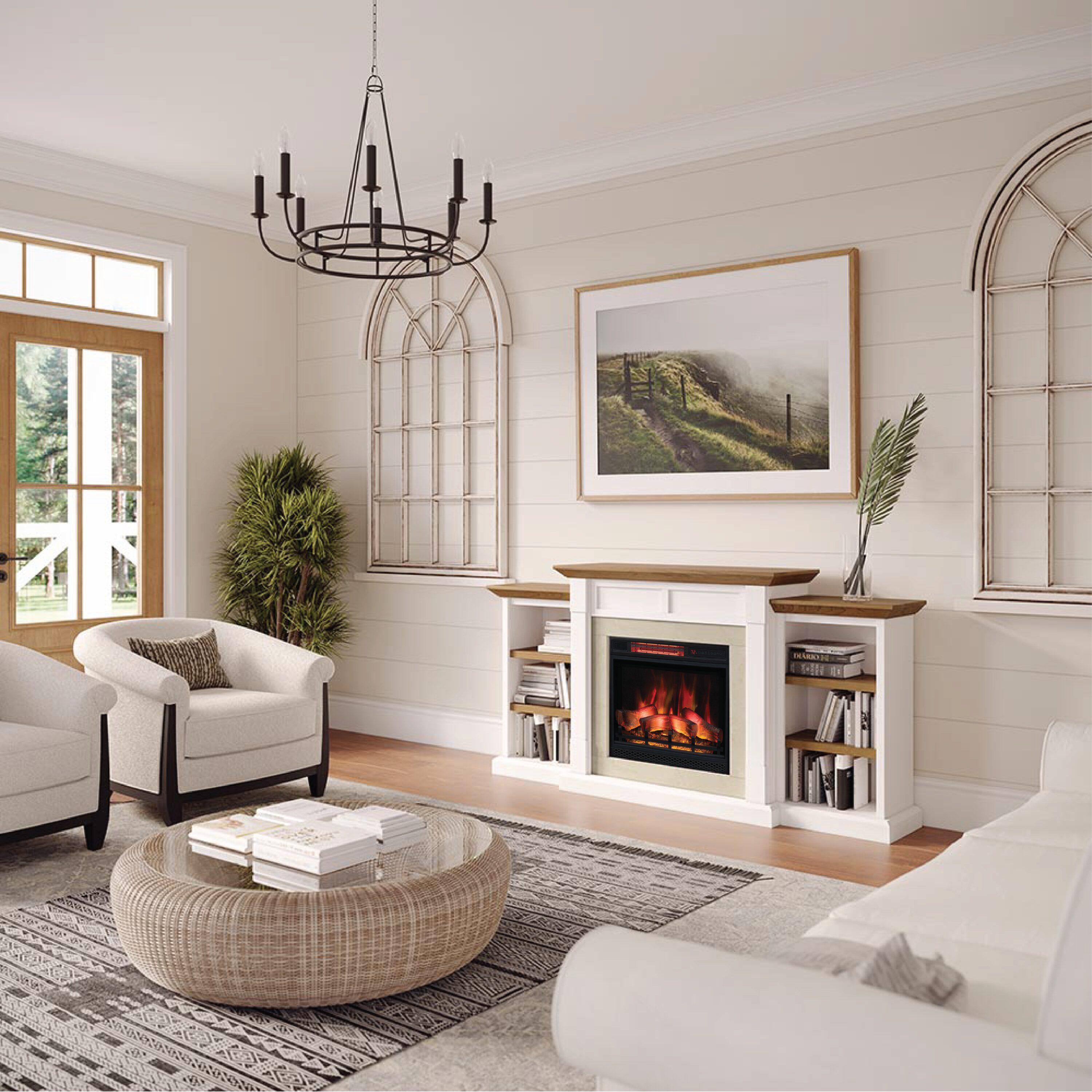 Country Living Belhaven 74 Inch Bookcase Mantel Package | 23 Inch Smart Electric Fireplace Insert Heater