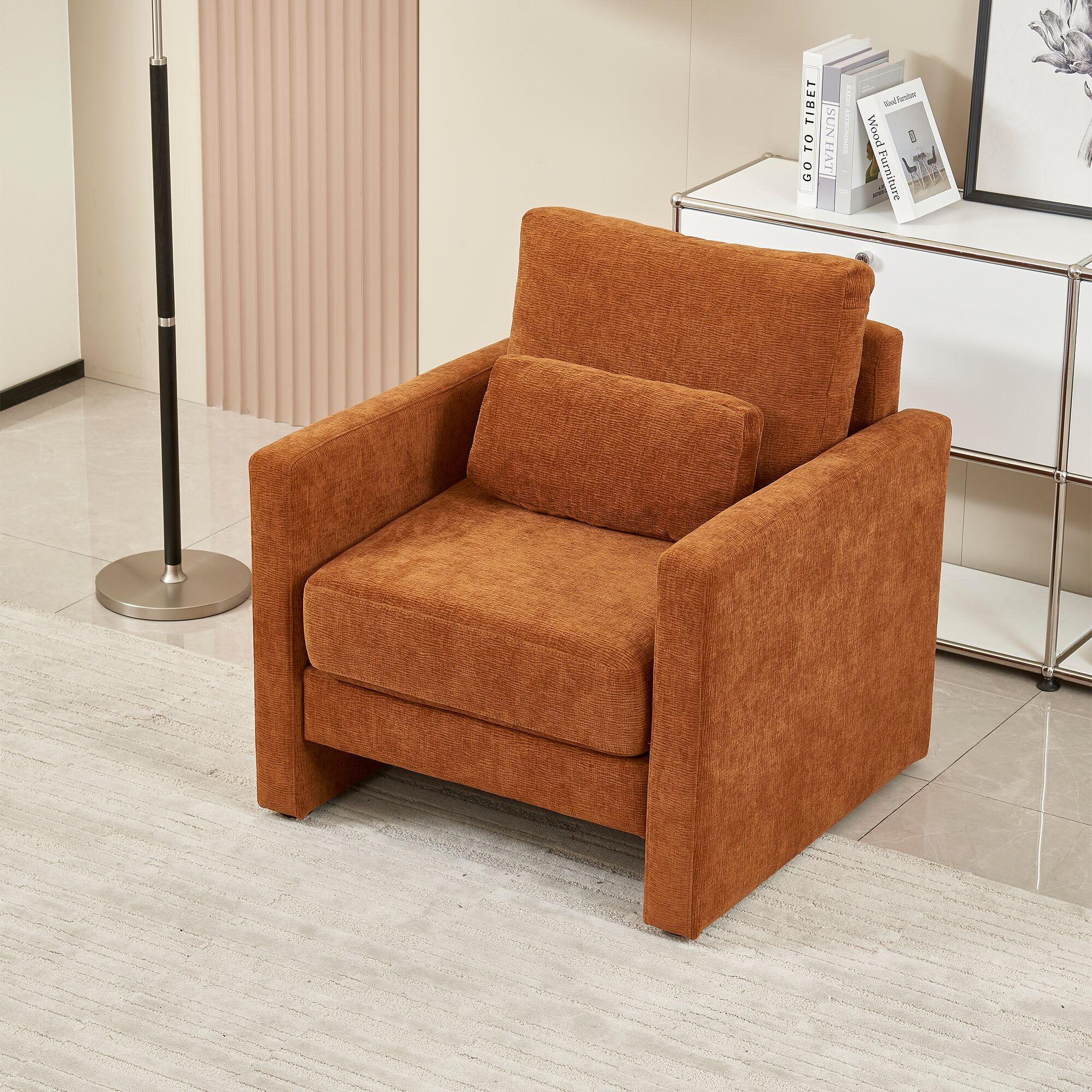 Mid-Century Modern Chenille Fabric Armchair, Orange, Comfy Single Sofa Vanity Chair with Pillow & Armrest, Living Room, Bedroom, Office