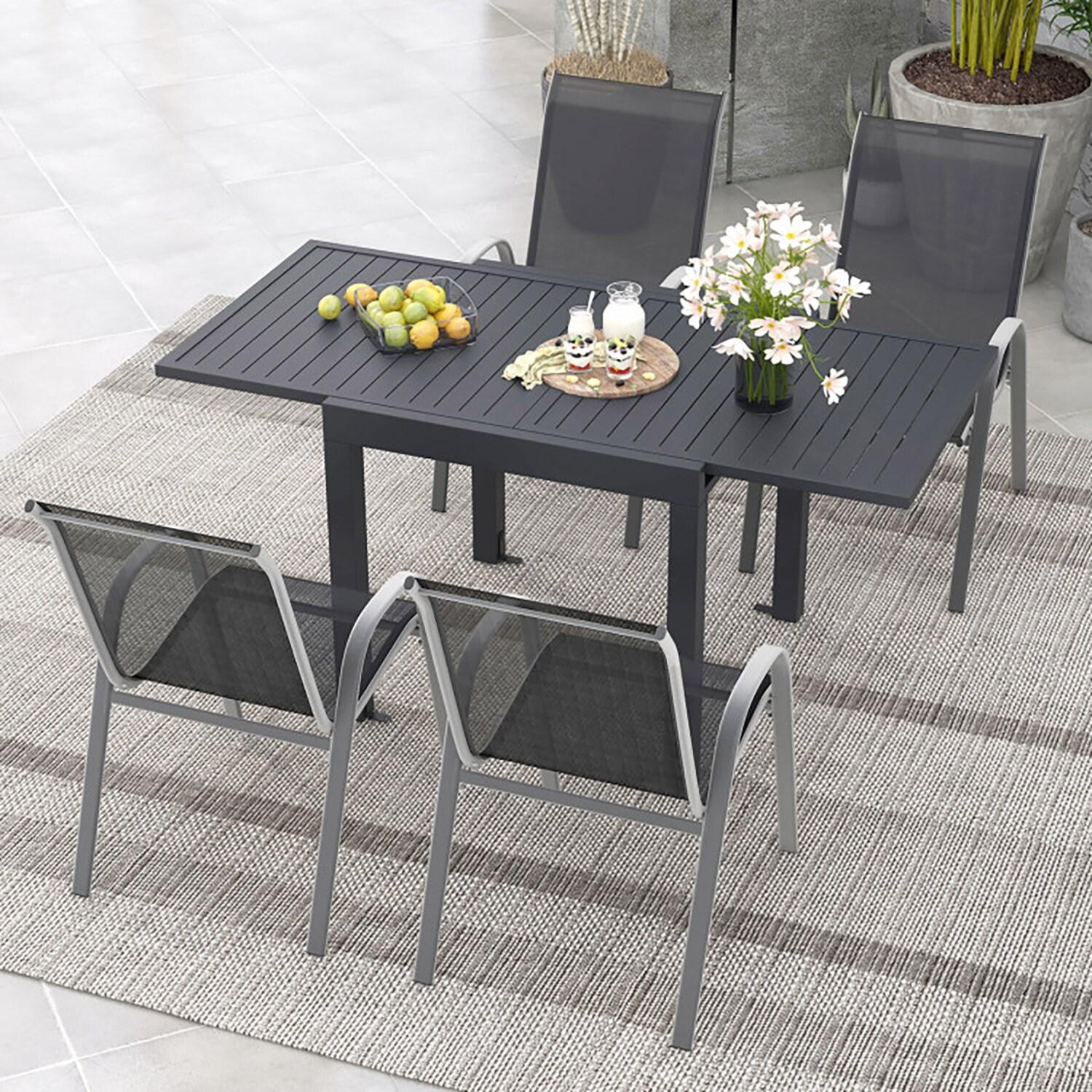 Yardi Yard Outdoor Dining Table Set with Sturdy Metal Frame, Table with Adjustable Footpads and 4 Chairs with Curved Armrests, Dining Table Set for Outdoor as Garden, Patio, Gray