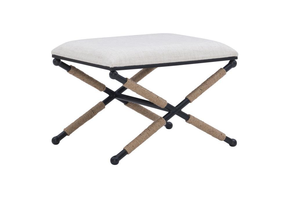 24" Ashburn Boho Rope Wrapped Campaign Accent Stool Ottoman Buff Beige Linen - Linon: Vanity, Bedroom Bench