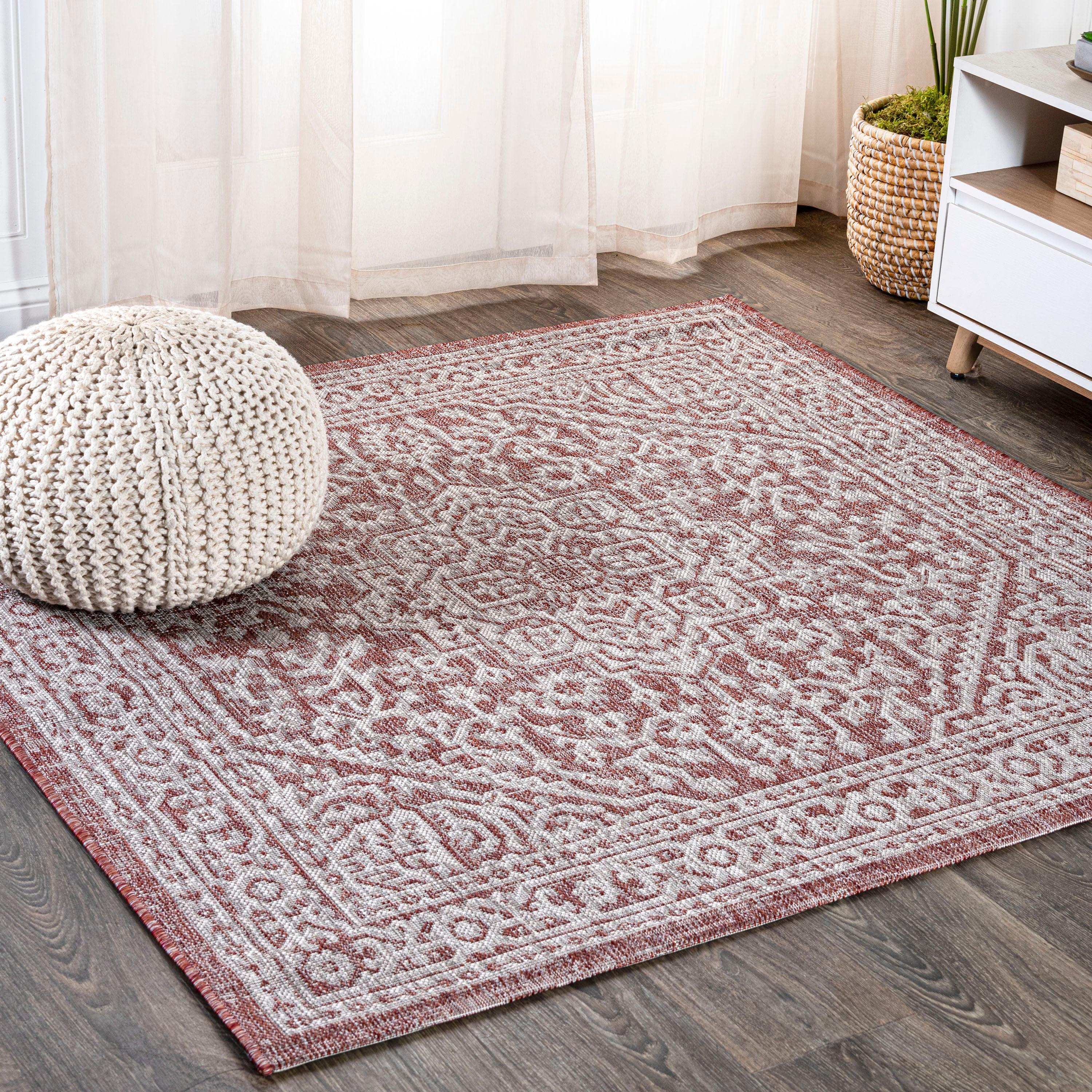 5' Square Sinjuri Medallion Textured Weave Indoor/Outdoor Area Rug, Red/Taupe - JONATHAN Y