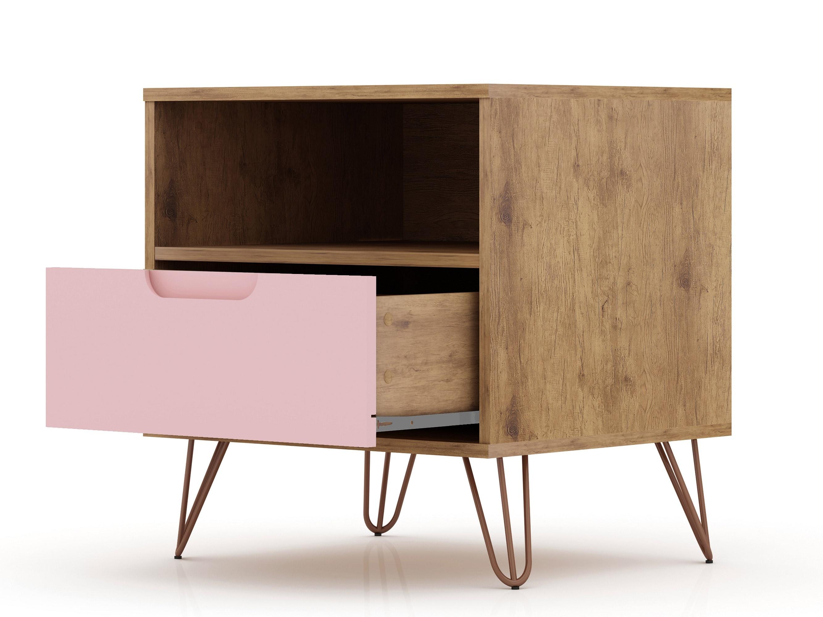 Set of 2 Rockefeller 1 Drawer Nightstands Nature/Rose Pink - Manhattan Comfort: Mid-century Design, Metal Legs, MDF