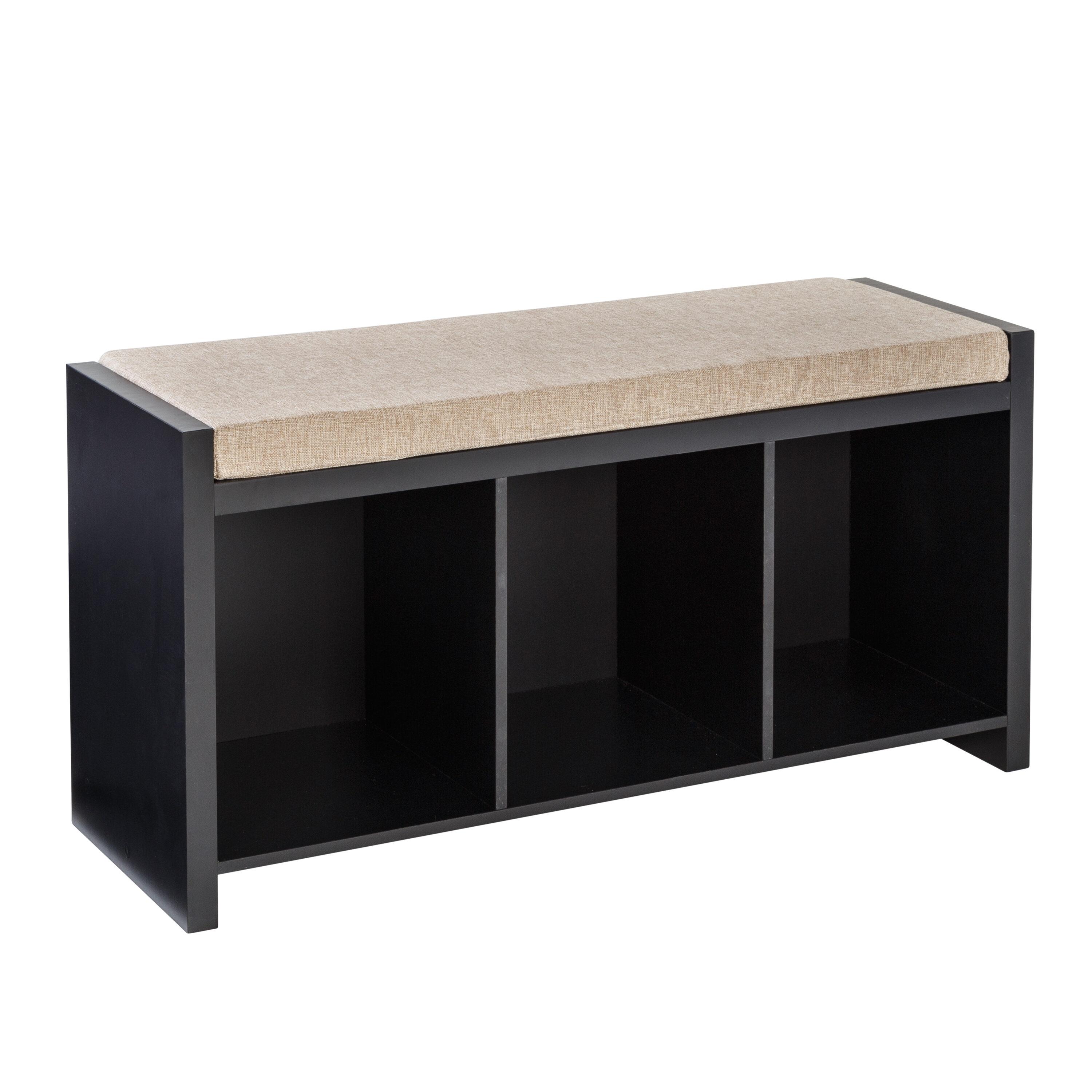 Honey-Can-Do Wood 3-Cubby Shoe Storage Organizer Bench with Cushion, Black/Tan