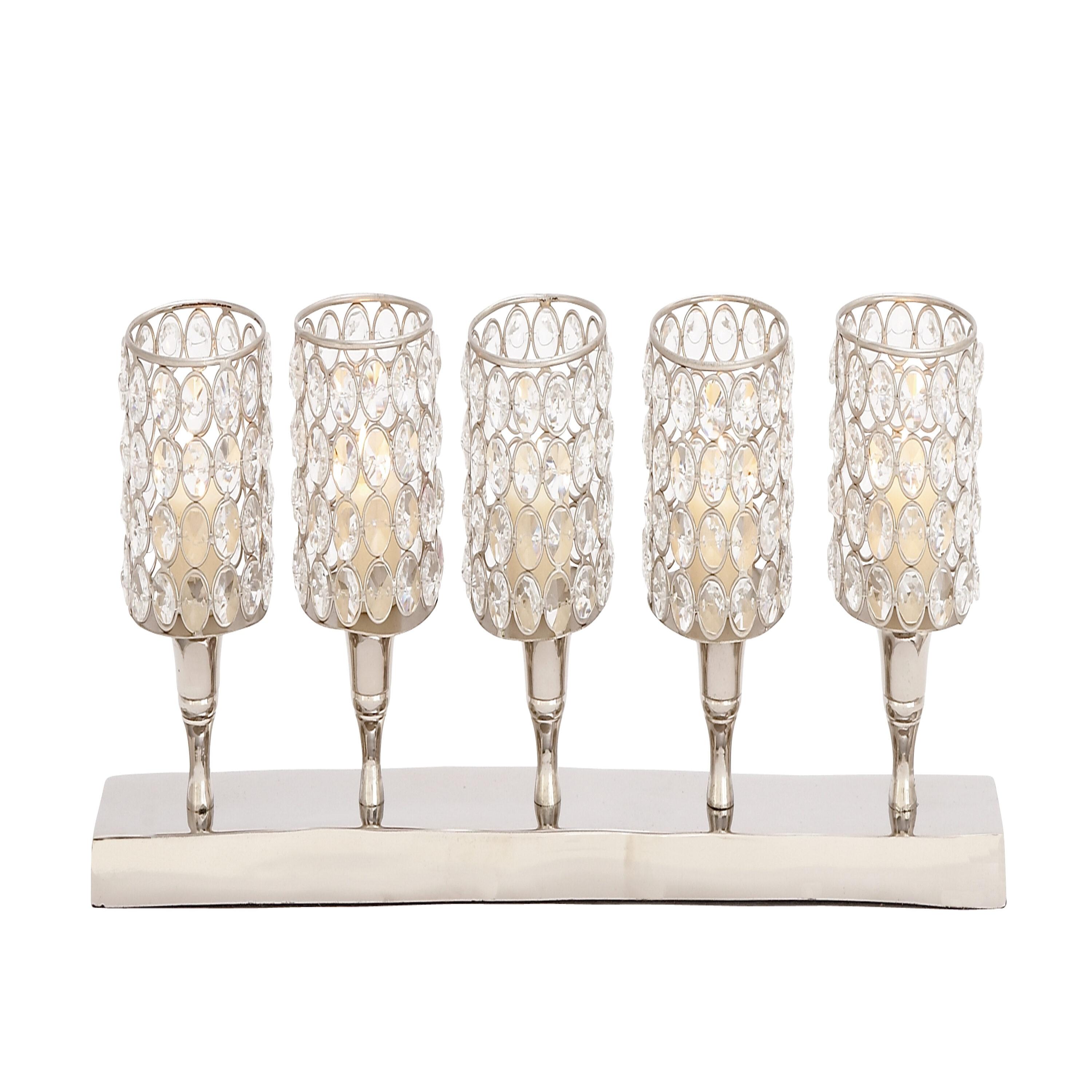 House of Hampton® Aluminum Metal Pillar 5 Crystal Sleeve Decorative Silver Candelabra