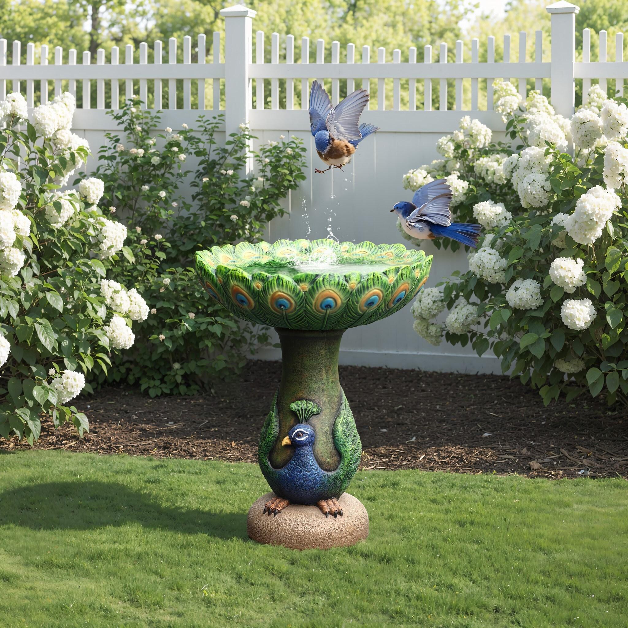 LuxenHome 20" Elegant Tall Peacock Outdoor Resin Bird Bath with Elegant Feather Basin for Garden, Patio Multicolored