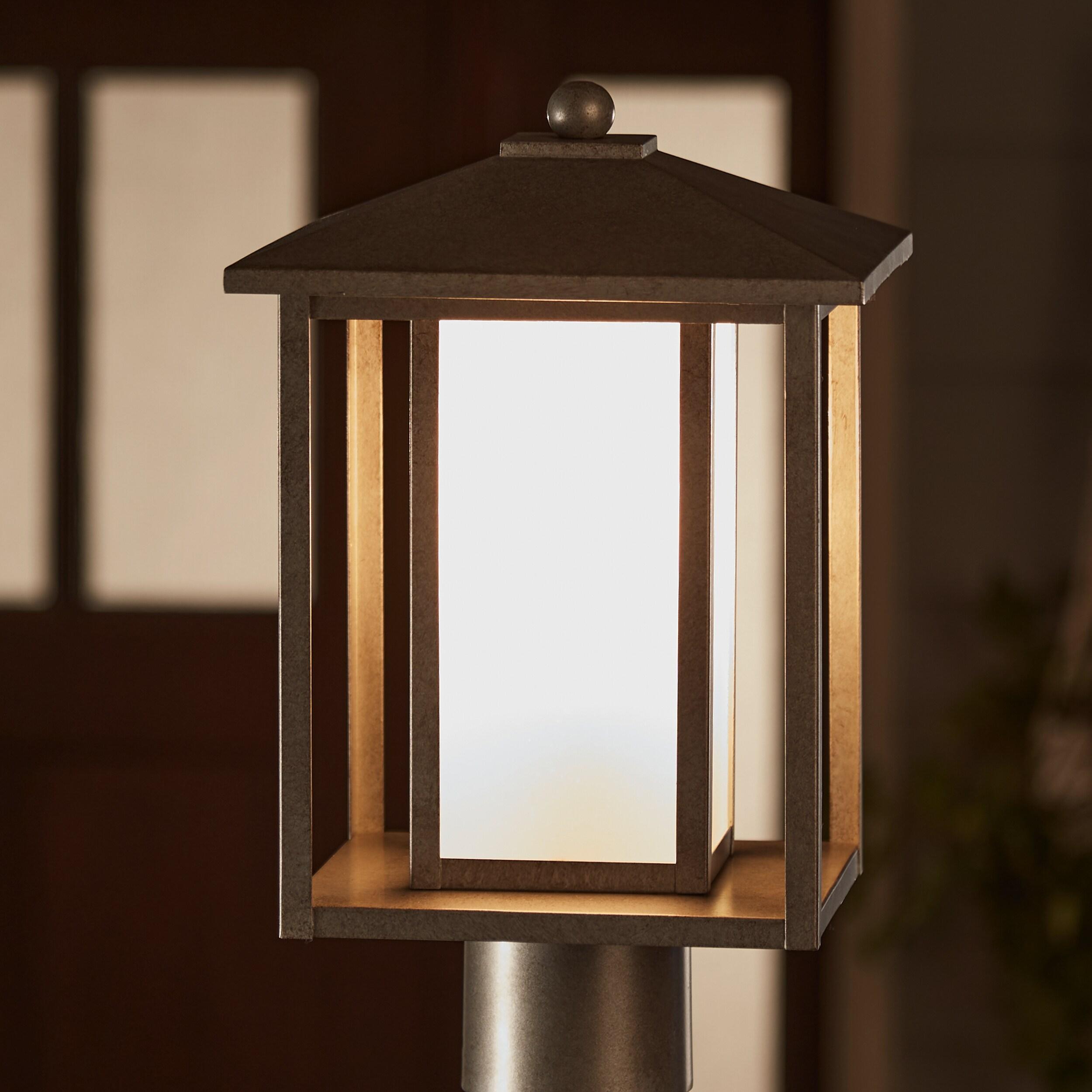 Weathered Pewter Outdoor Post Lantern with Etched Seeded Glass