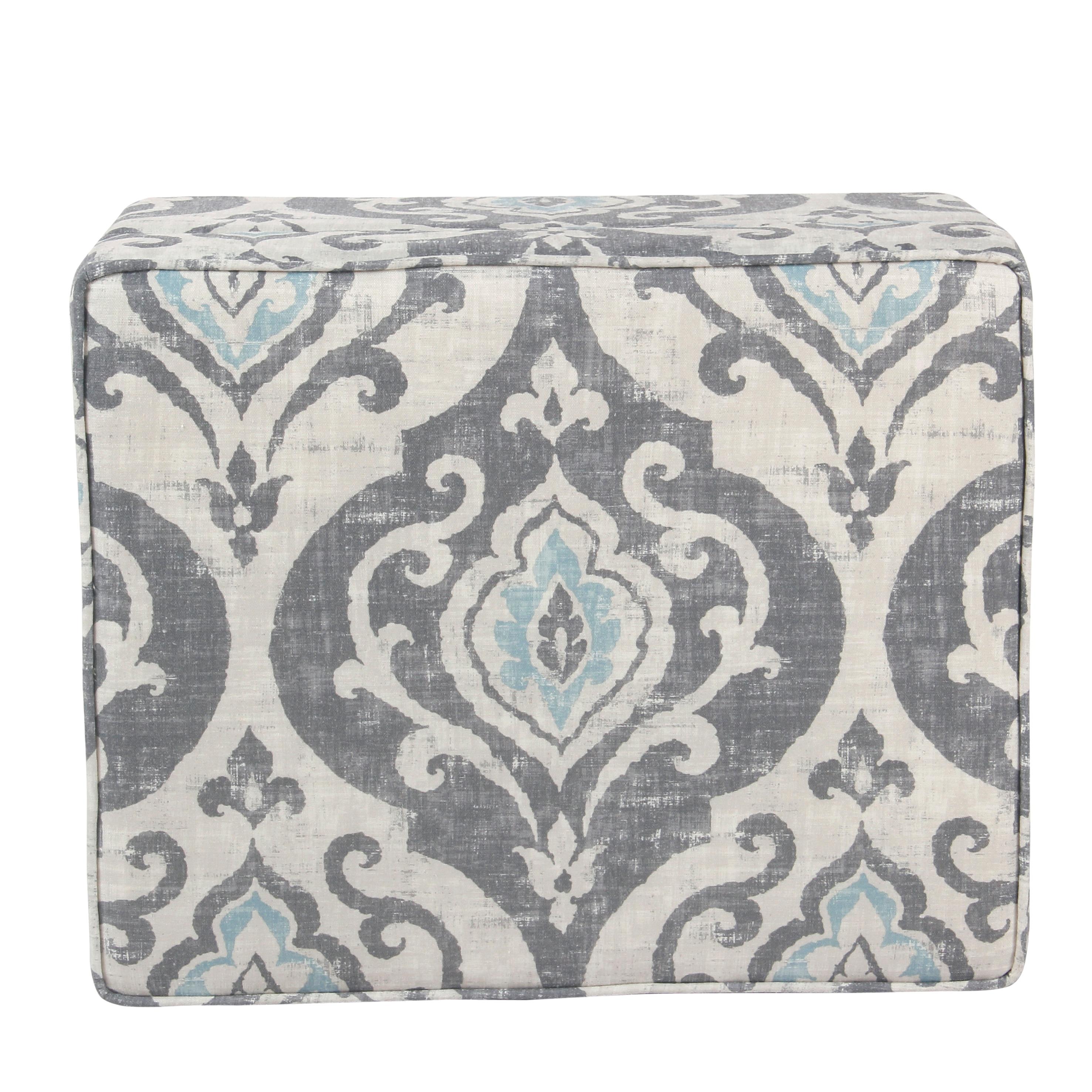 Medium Storage Ottoman Gray/Blue - HomePop: Upholstered Rectangular Footstool with Damask Pattern, Plywood & Hardwood Frame