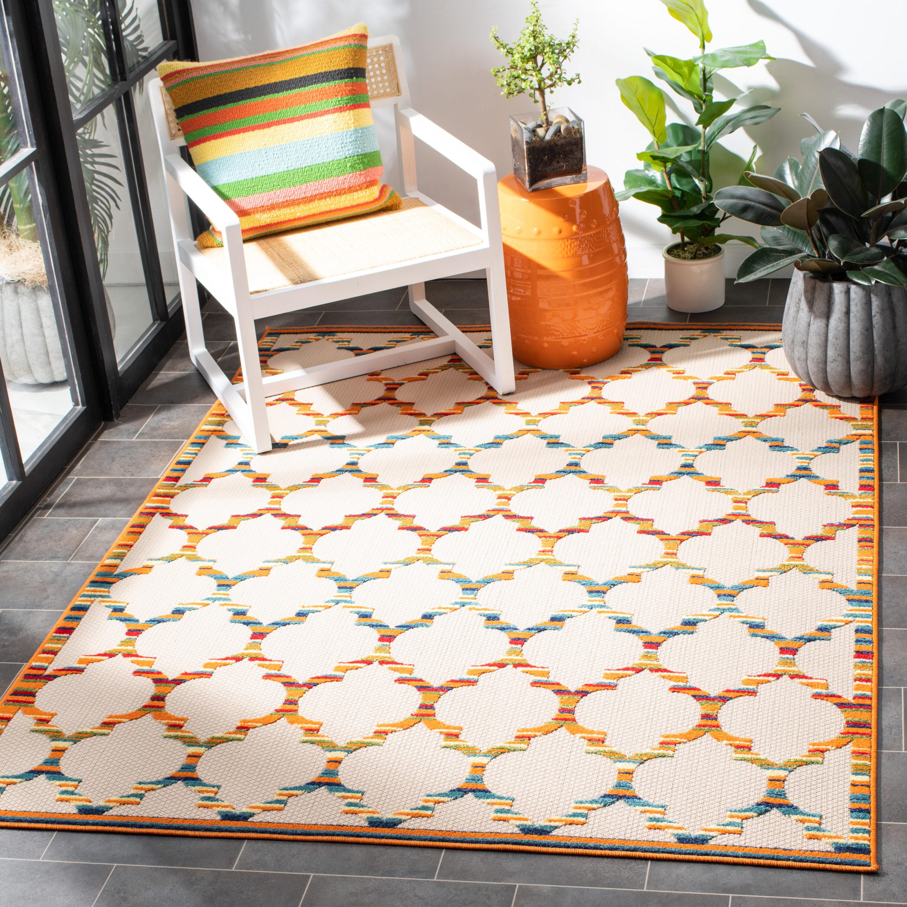 Cabana CBN333 Power Loomed UV Resistant Indoor/Outdoor Area Rug - Ivory/Orange - 4'5"x6'5" - Safavieh
