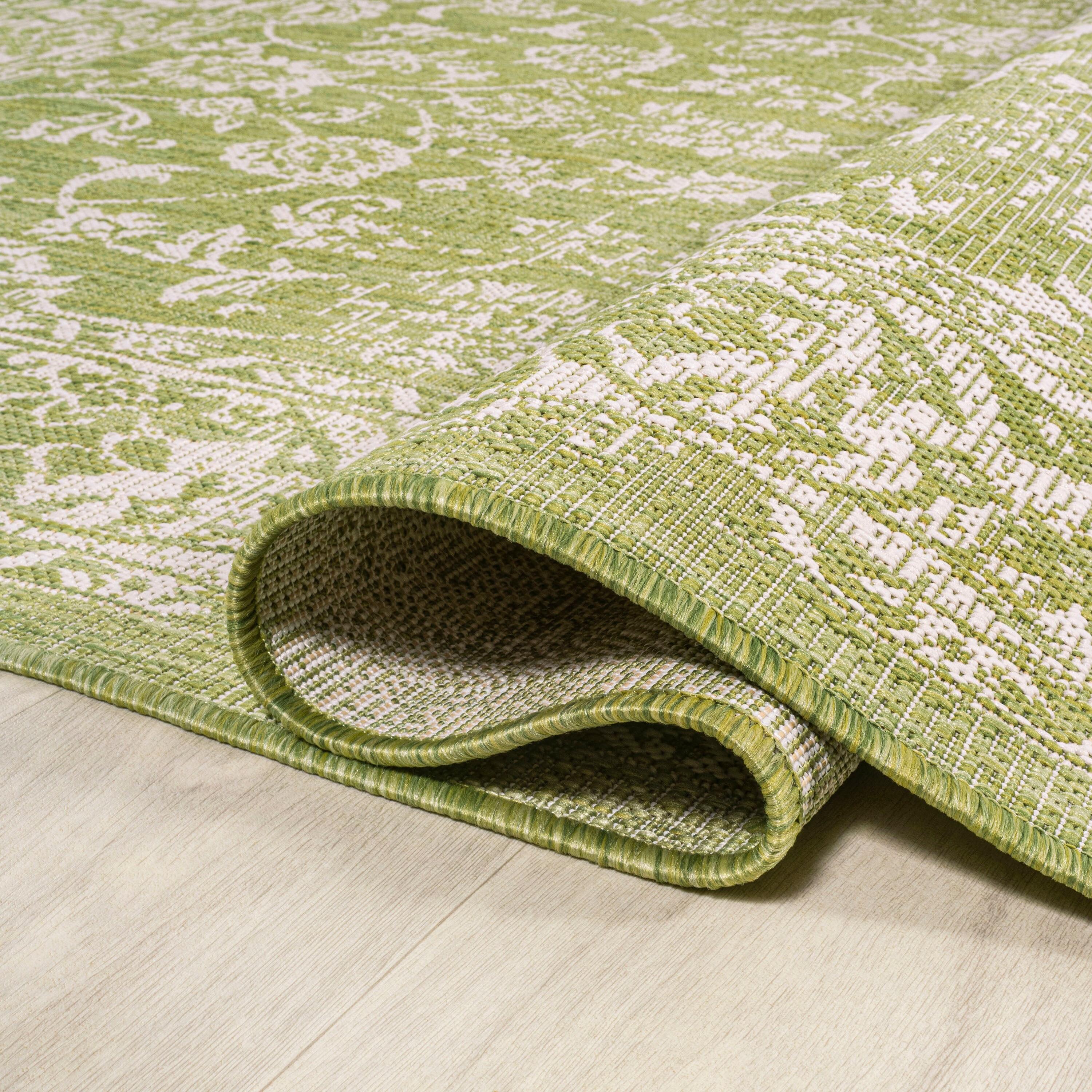 4' x 6' Tela Bohemian Styled Textured Weave Floral Indoor/Outdoor Area Rug, Green/Cream - JONATHAN Y