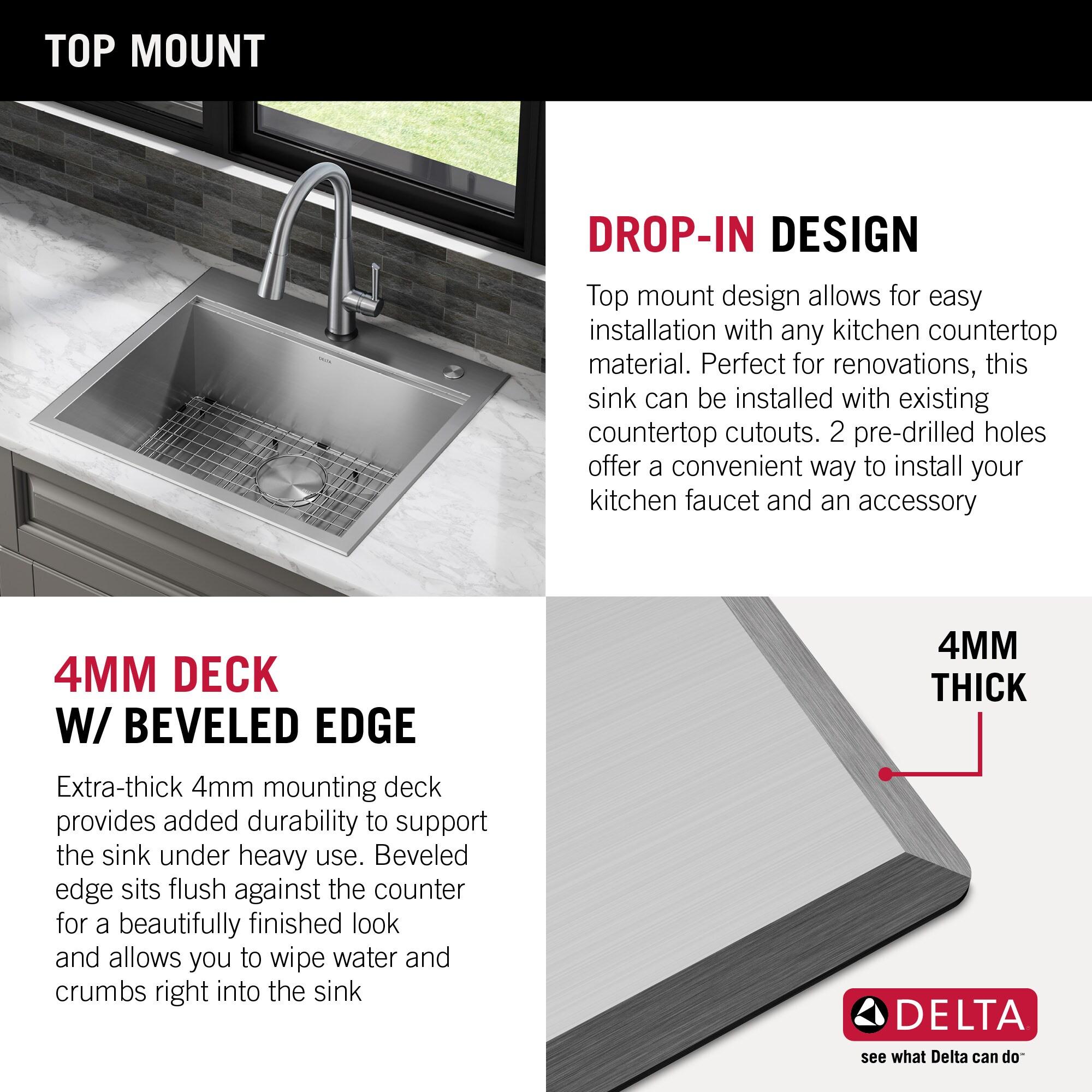 Delta Rivet™ 25" L Workstation Kitchen Sink Drop-In Top Mount 16 Gauge Stainless Steel Single Bowl