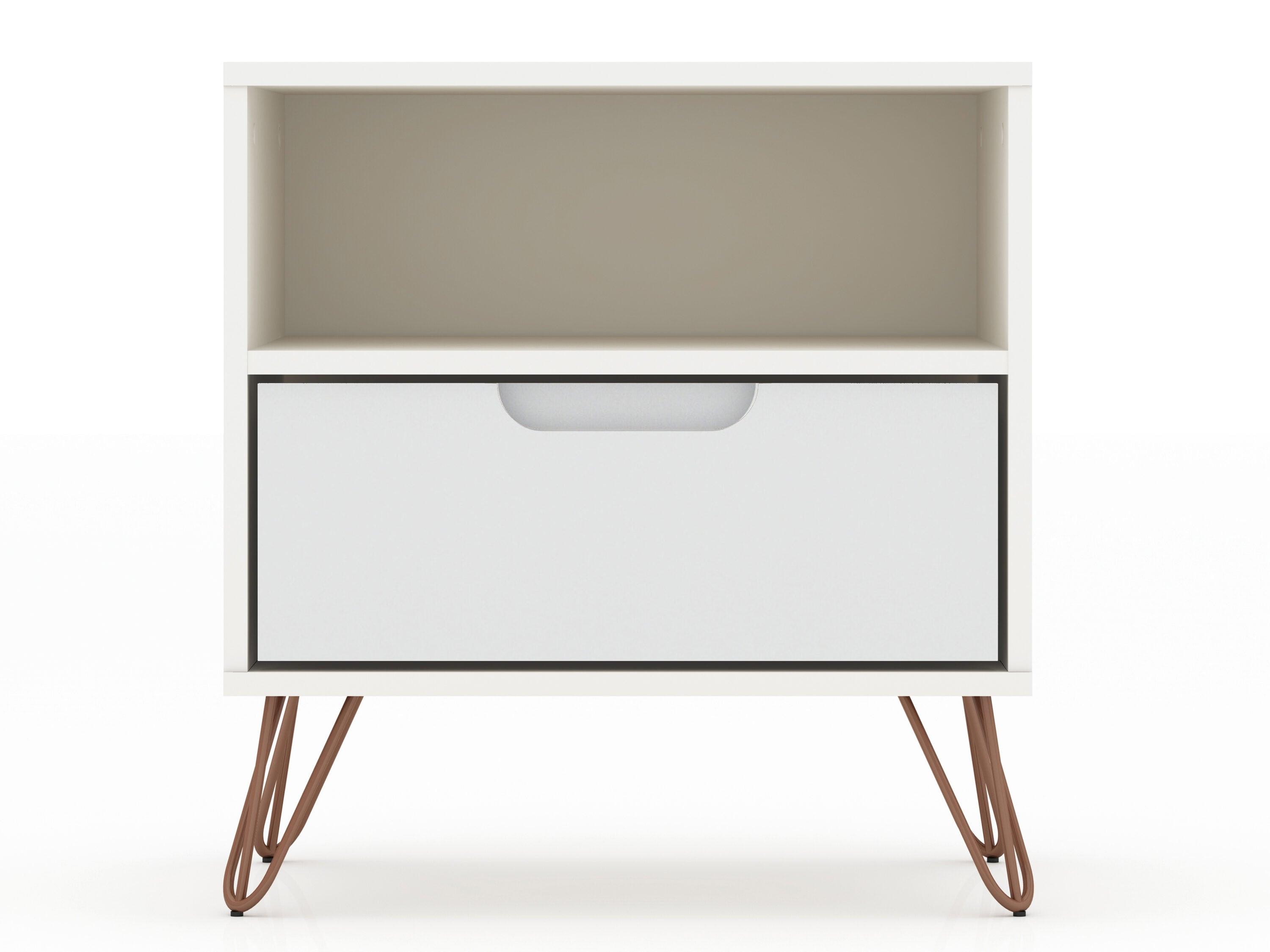 Manhattan Comfort 1.0 Rockefeller Nightstand White: Modern Bedside Table with Storage & Shelving