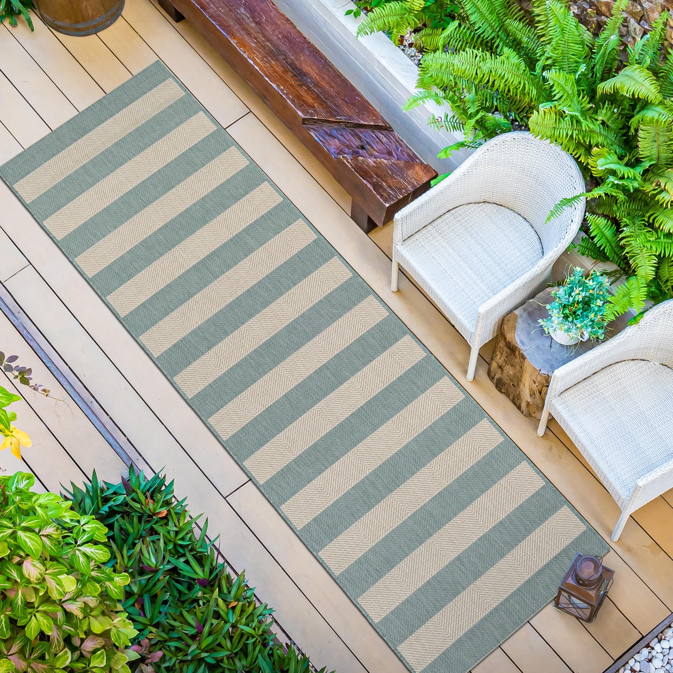 Couristan Afuera Yacht Club 2'2" x 11'9" Sea Mist Green and Ivory Stripe Outdoor Runner Rug