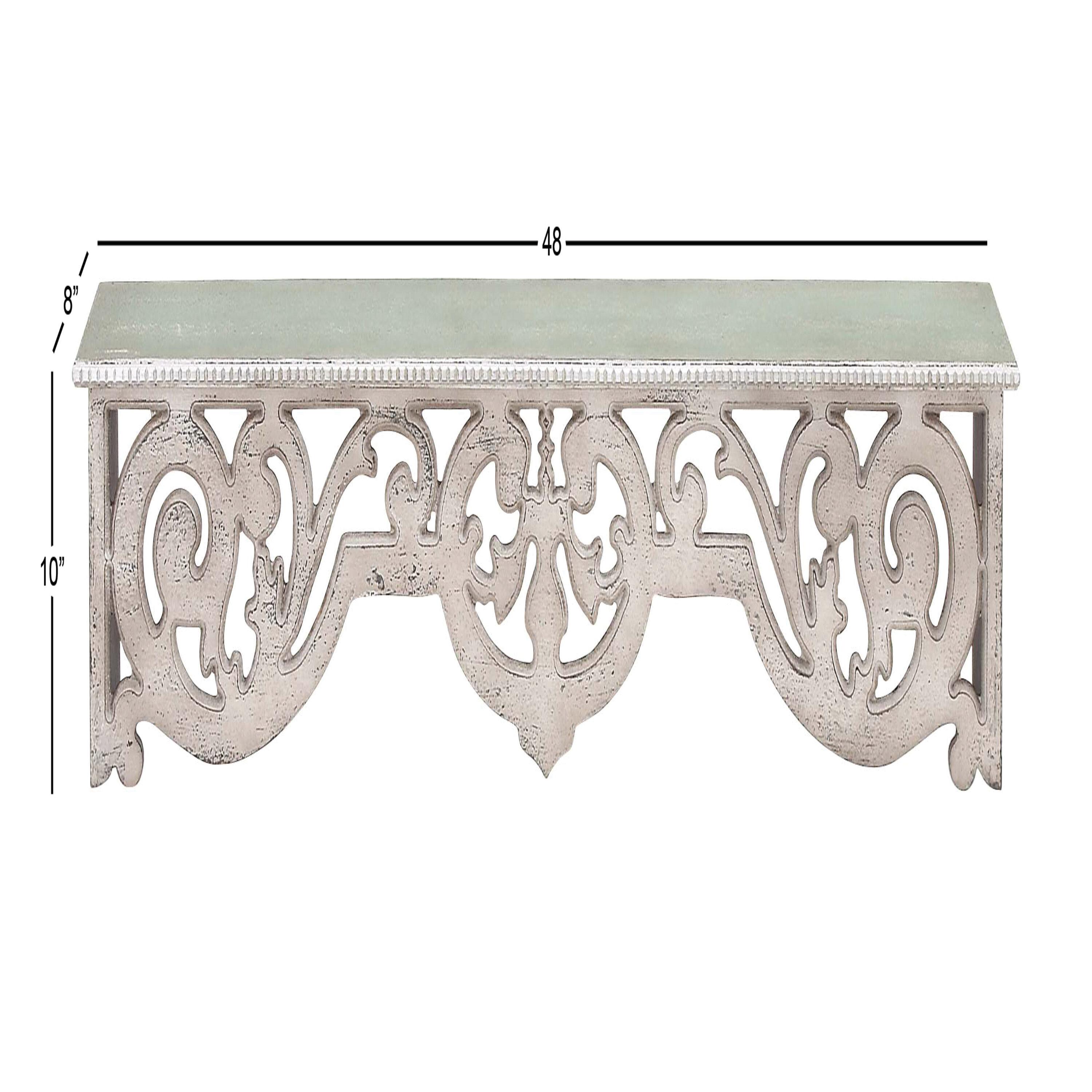 DecMode 48" x 8" 1-Tier Beige Scroll Wall Shelf with Gray Distressing