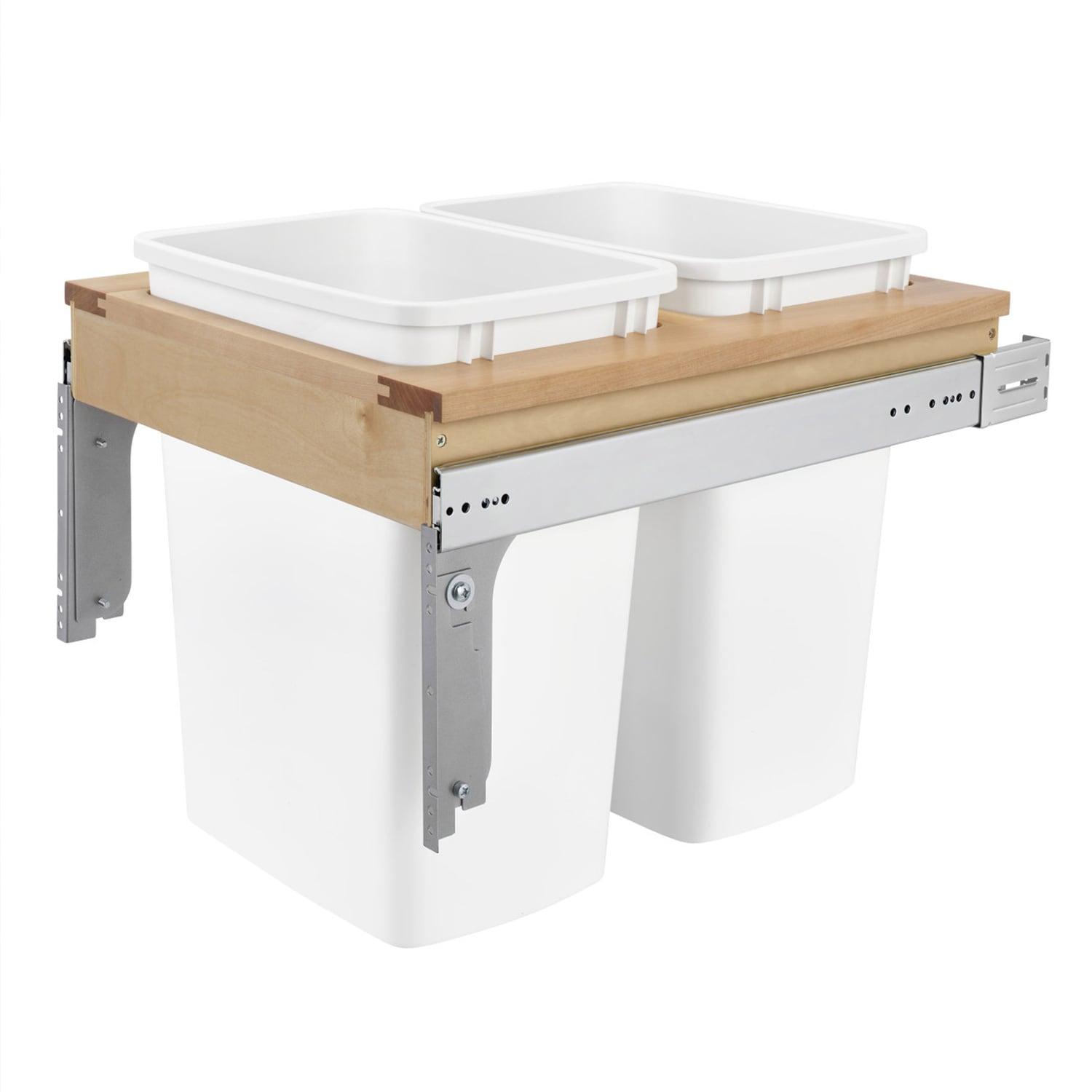 Rev-A-Shelf Double Pullout Trash Can for Base Kitchen/ Bathroom Cabinets, 35 Qt Wood Top Mount Garbage Bin, 18" x 1.5" Face-Frame, White, 4WCTM-21DM2