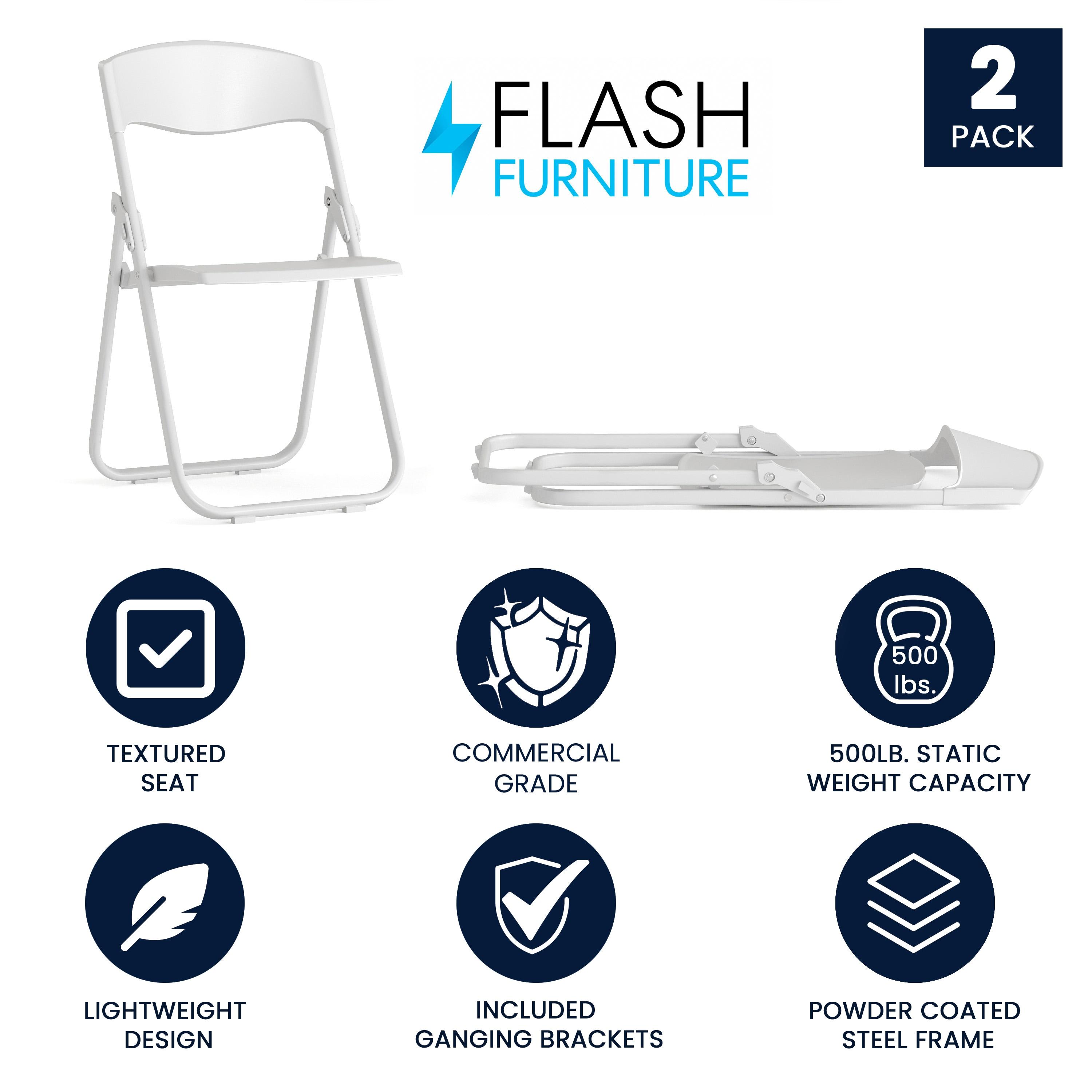 Flash Furniture 2 Pack HERCULES Series 500 lb. Capacity Heavy Duty White Plastic Folding Chair with Built-in Ganging Brackets