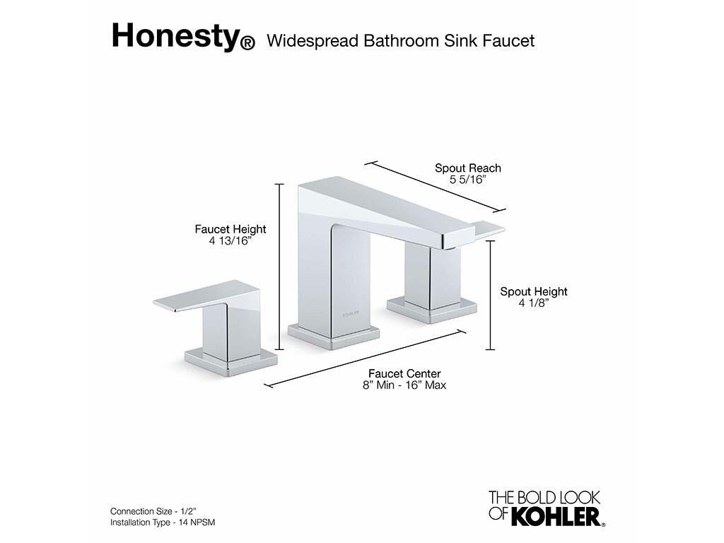 Kohler Honesty Widespread Bathroom Faucet with Pop-Up Drain Assembly, 3-Hole 2-Handle Bathroom Sink Faucet, 1.2 gpm