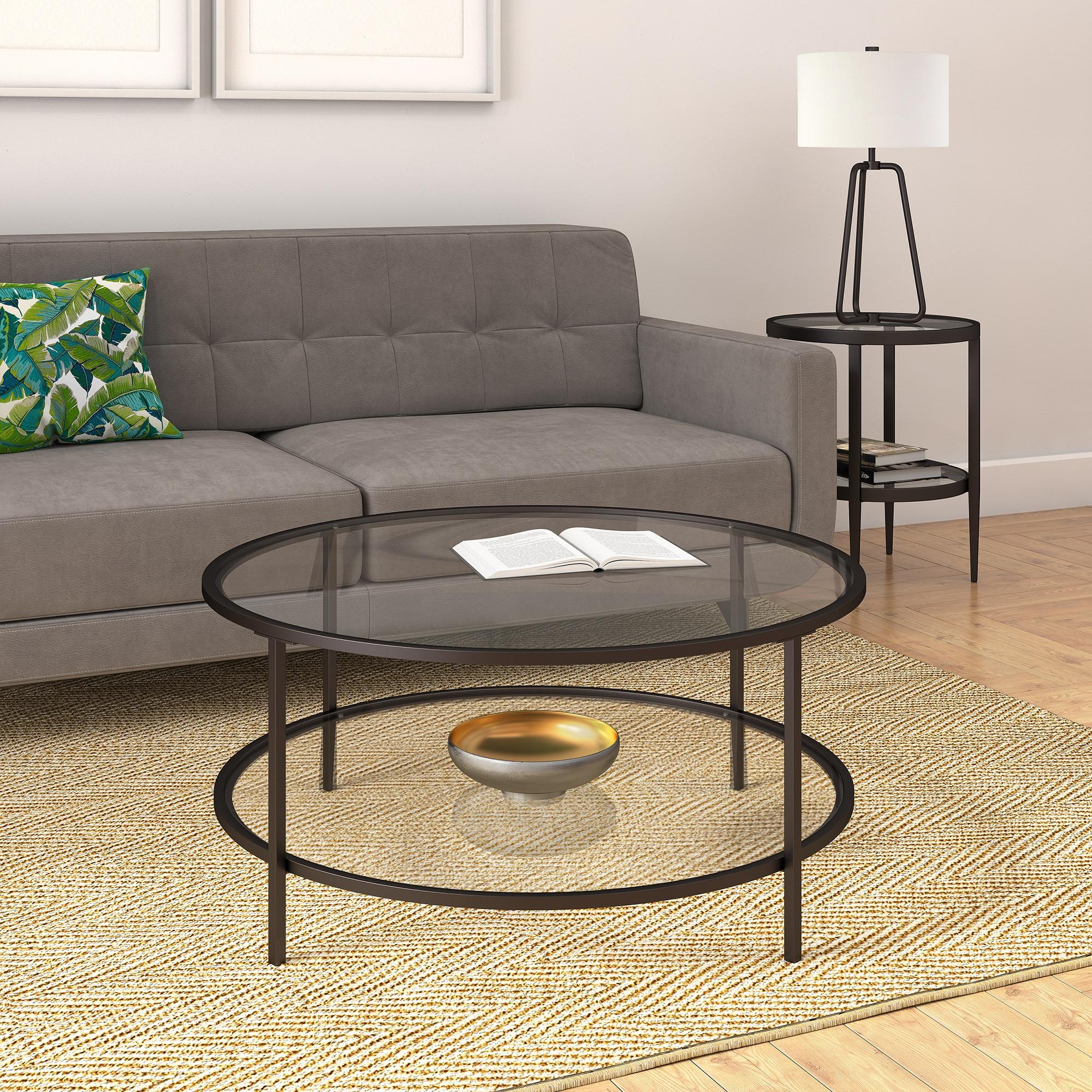 Evelyn&Zoe Sivil 36" Wide Round Coffee Table with Glass Top, Blackened Bronze