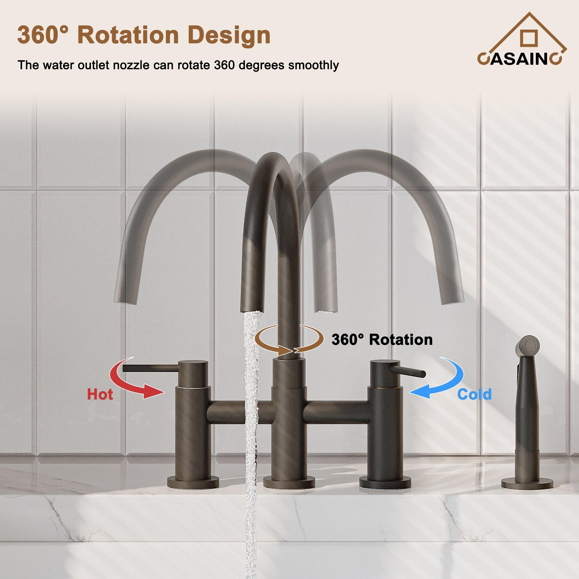 Double Handle 360° swivel Bridge Kitchen Faucet with side sprayer in Matte Black