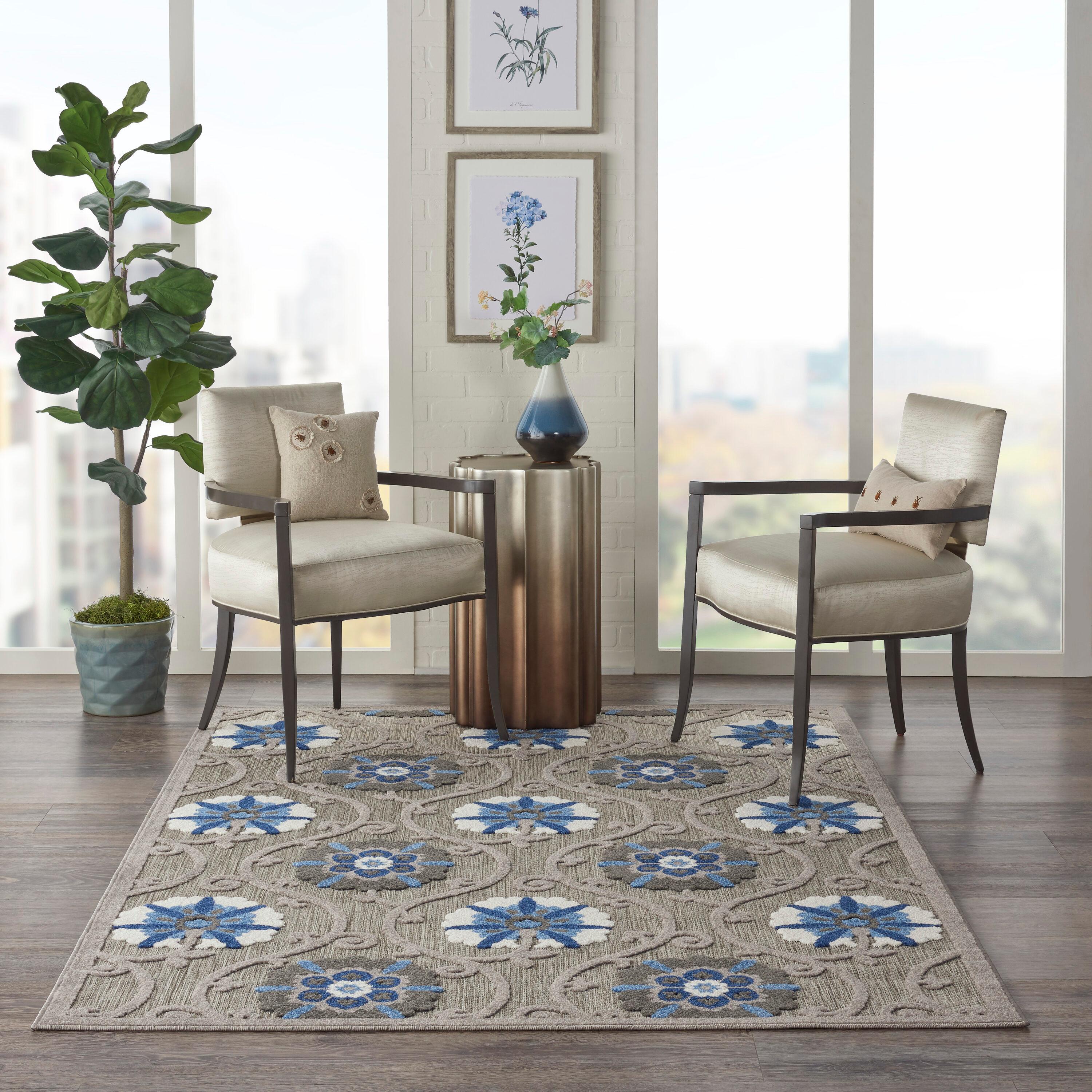 Nourison Aloha Contemporary Floral Flatweave High-Low Indoor Outdoor Area Rug Grey/Blue 3'6" x 5'6"