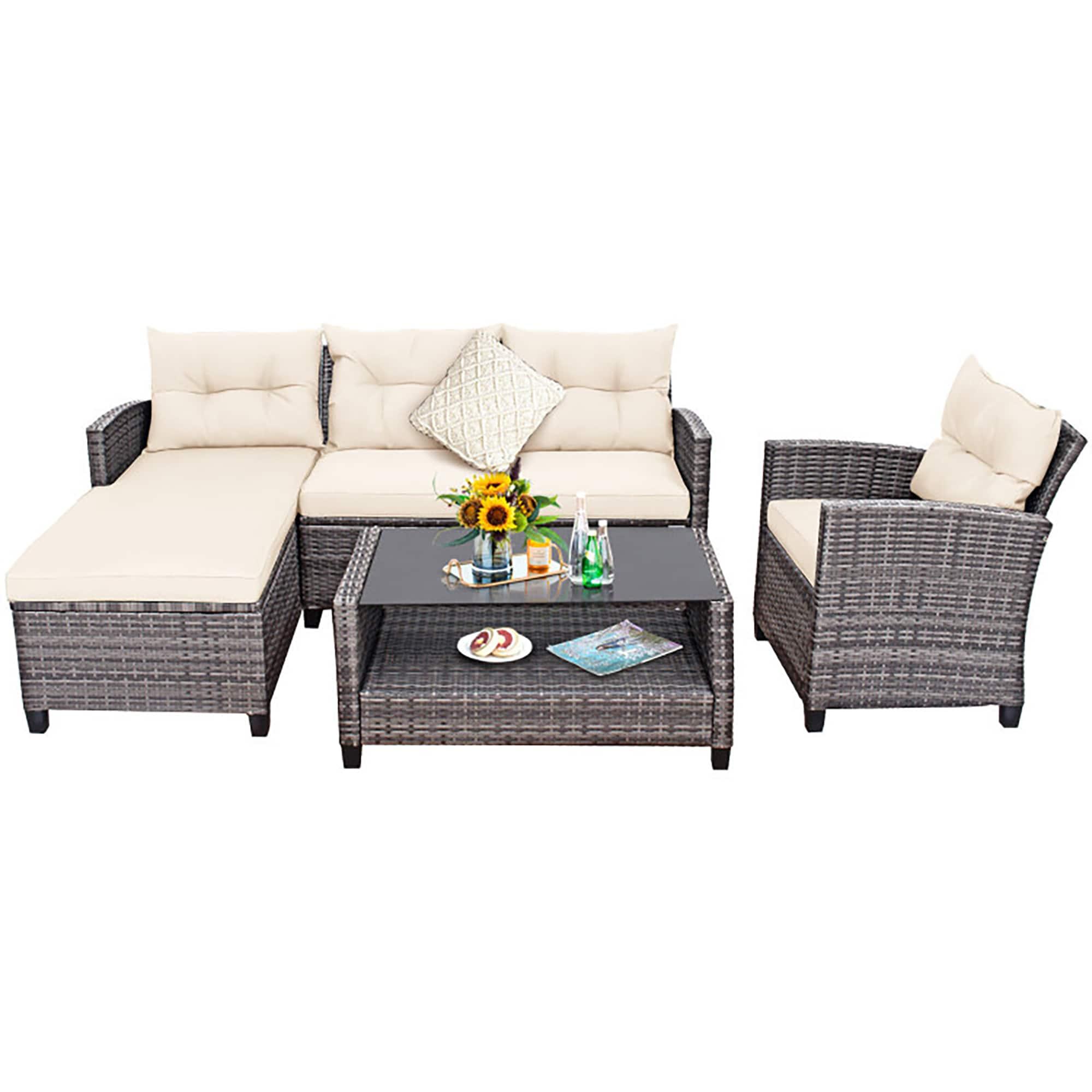 Costway 4PCS Patio Rattan Furniture Set Sofa Ottoman Cushion Garden Deck White
