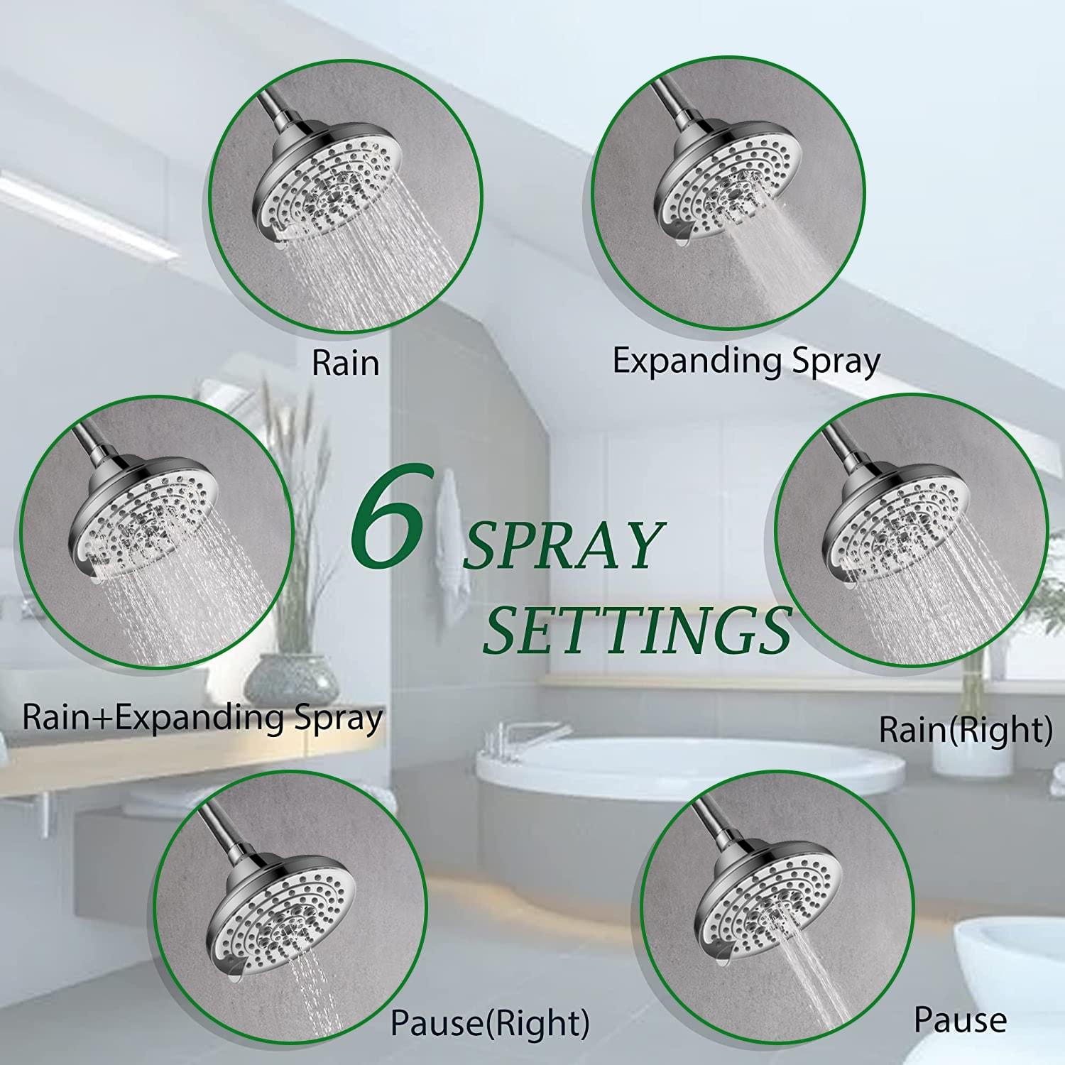 COUOKO 5" Rain Adjustable Shower Head Round 6 Spray Settings High Pressure Shower Head  FG102207