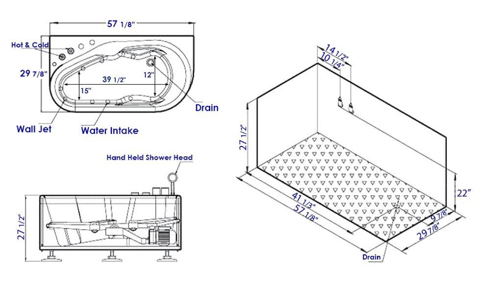 57.13'' x 29.88'' Corner Fiberglass Bathtub with Faucet