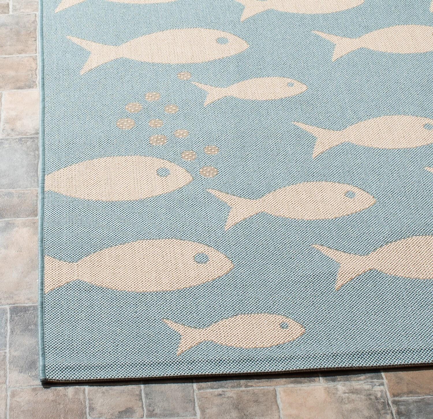 SAFAVIEH Courtyard Trena Fish Print Indoor/Outdoor Area Rug, 2'7" x 5', Aqua/Beige