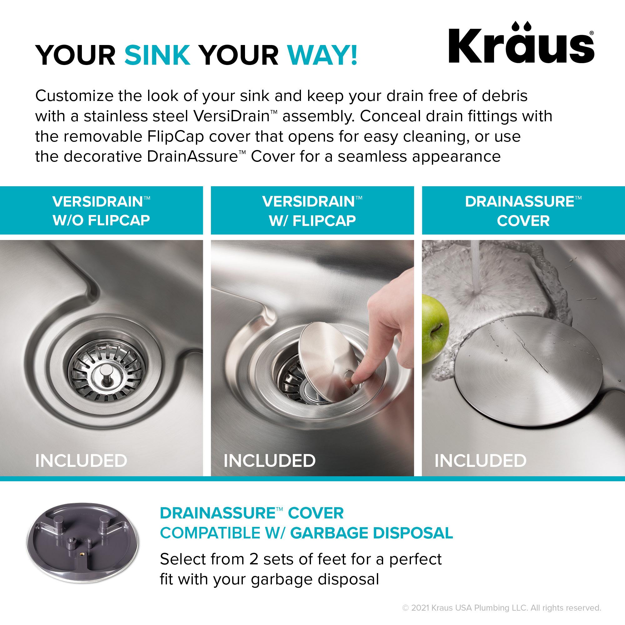 Dex™️ Series KRAUS 33-inch L Undermount 50/50 Double Bowl TRU16 Gauge Stainless Steel Kitchen Sink with DrainAssure WaterWay