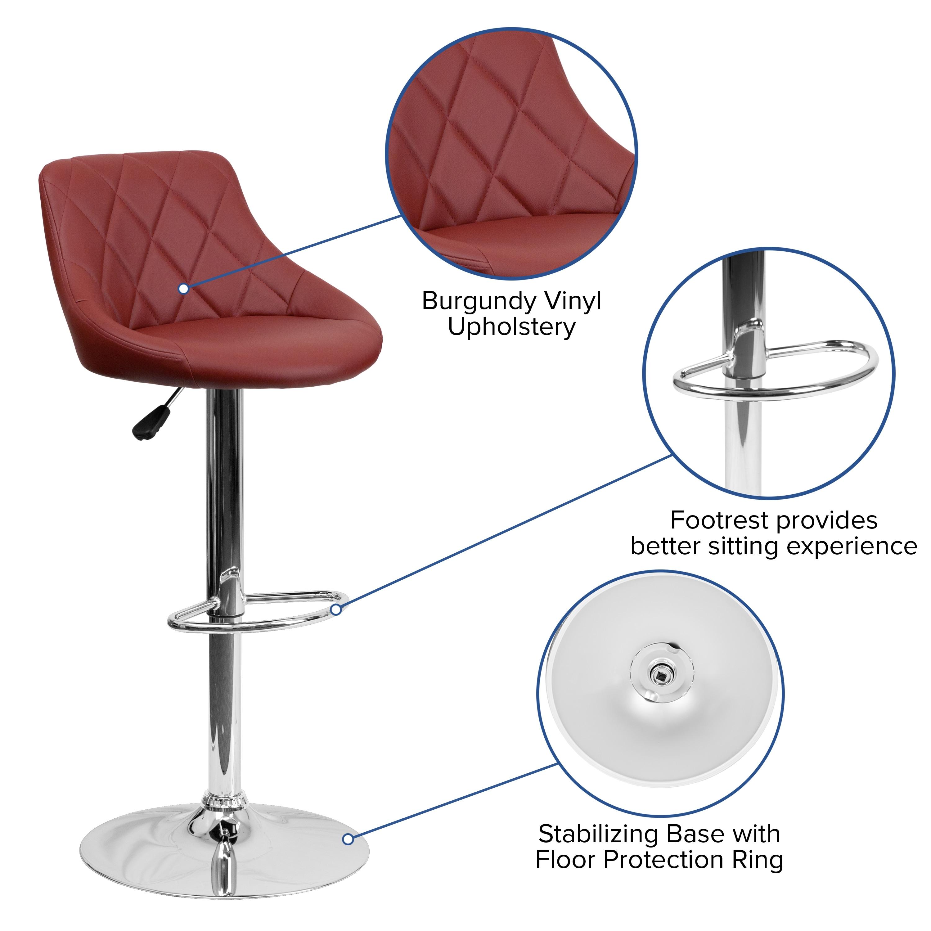 Flash Furniture Dale Contemporary Burgundy Vinyl Bucket Seat Adjustable Height Barstool with Diamond Pattern Back and Chrome Base