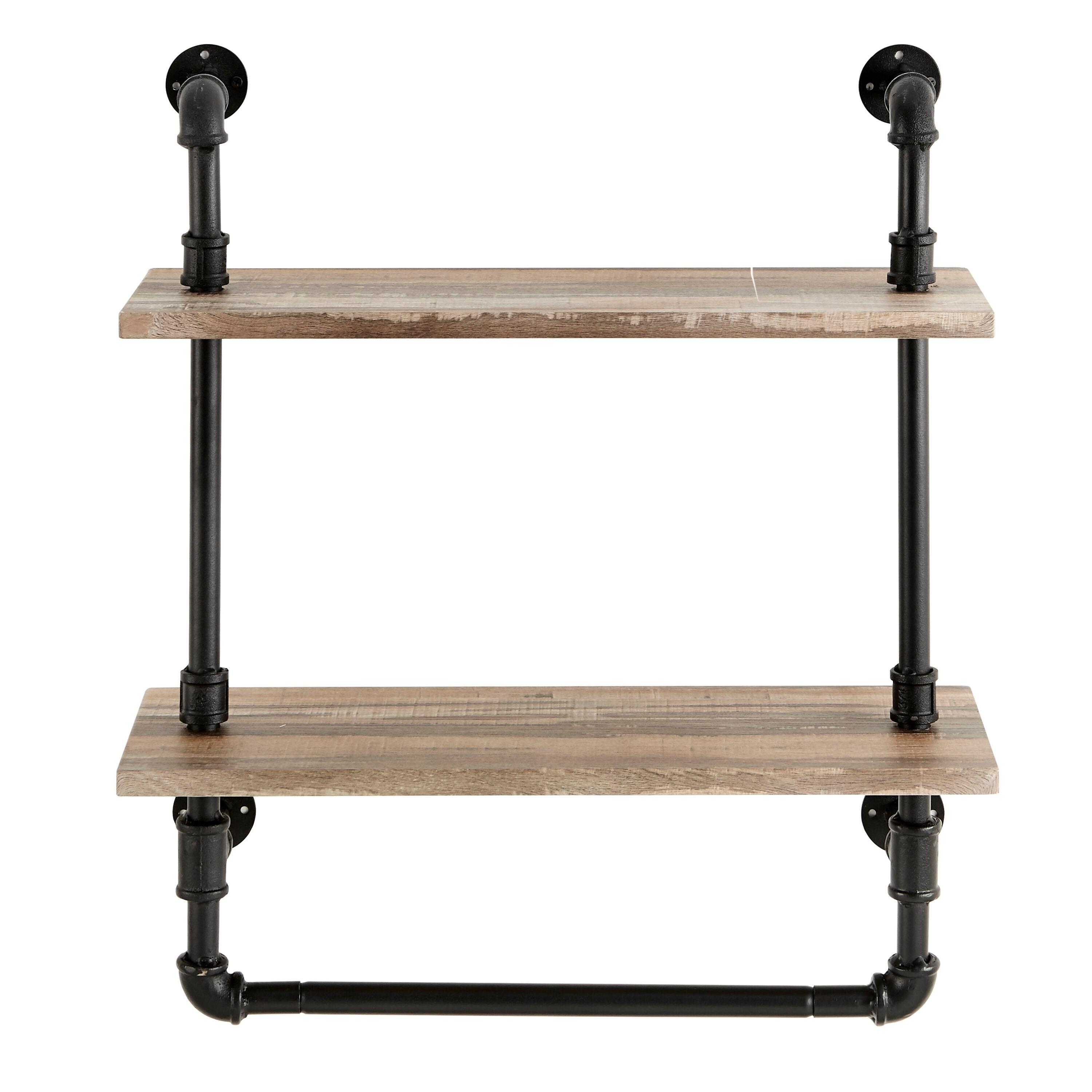 Danya B. 2-Tier Olivia Pipe Wall Shelf Unit with Hanging Rod Black/Rustic: Laminated Iron Storage, Includes Mounting Hardware
