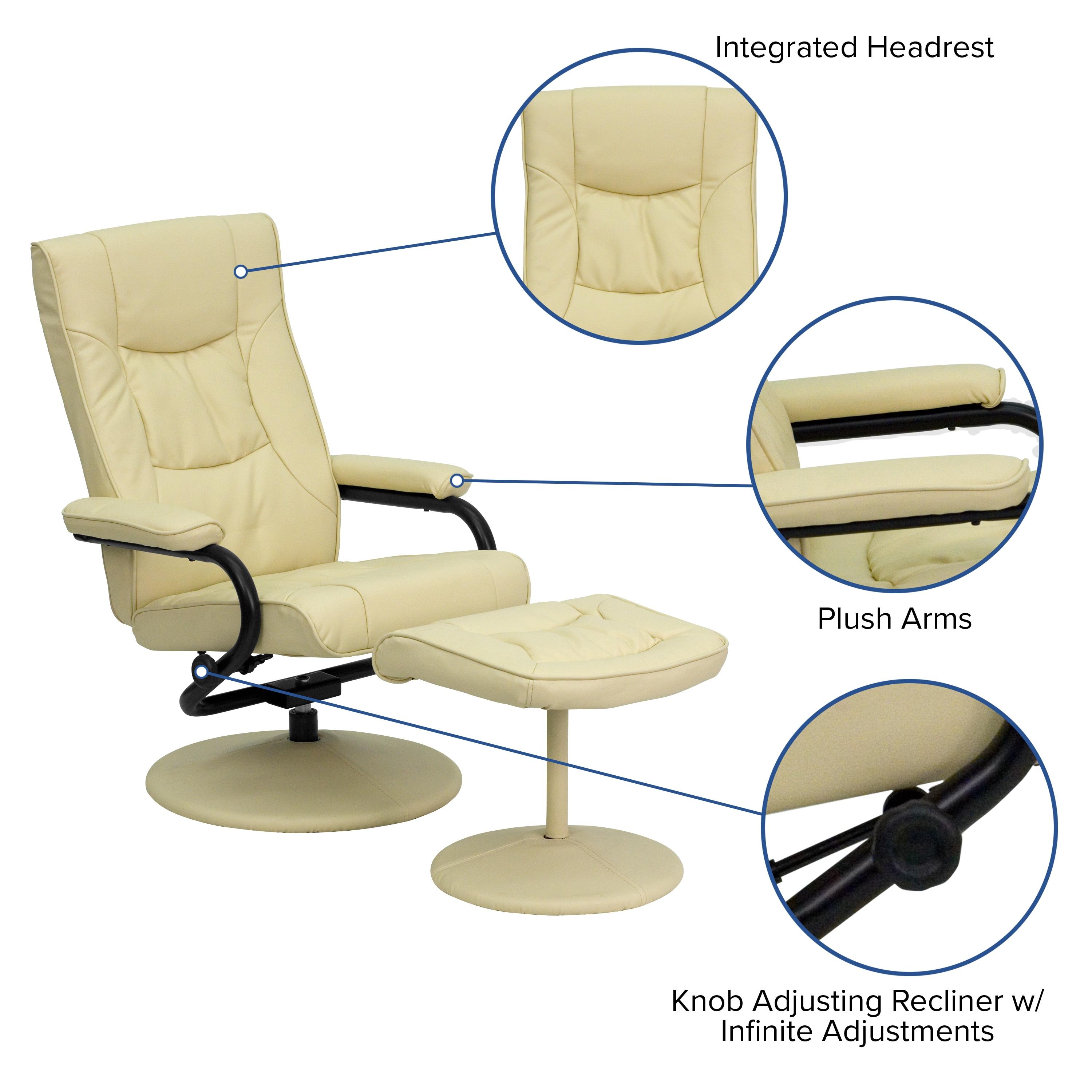 BizChair Contemporary Multi-Position Recliner and Ottoman with Wrapped Base in Cream LeatherSoft