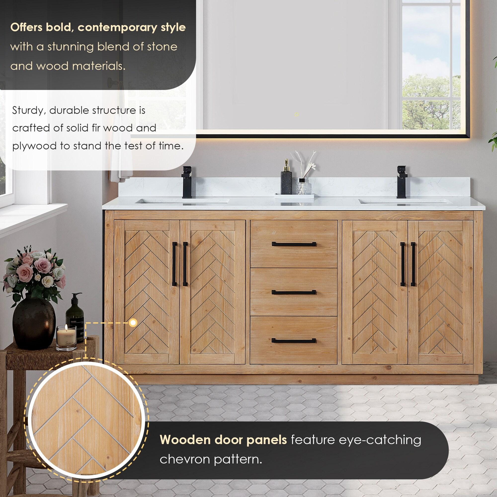 Anais 72" Wood Vanity in Light Brown with White Composite Stone Top with Mirror