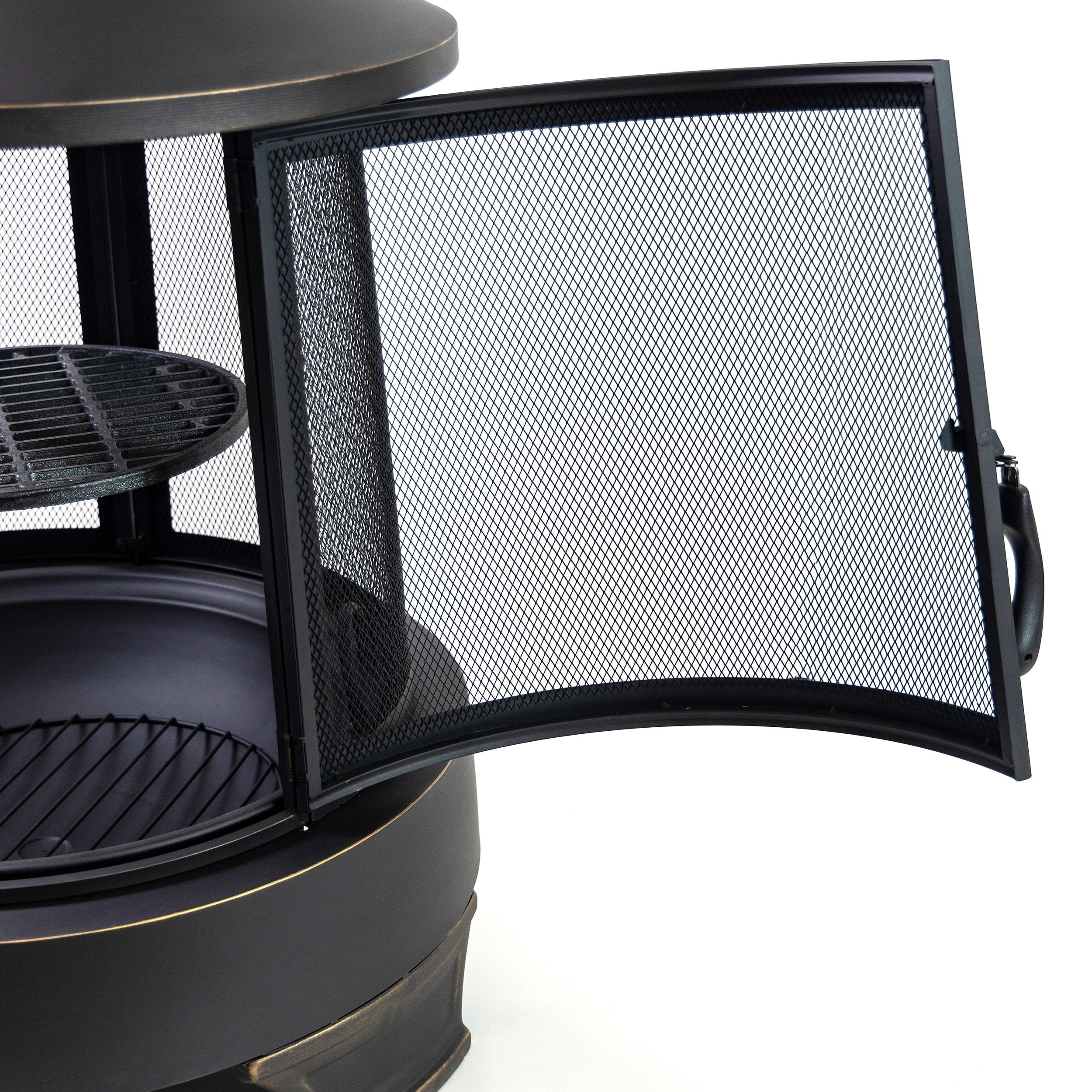 Deko Living Deko Living 30 Inch Diameter Outdoor Steel Wood Burning Chimney Firepit with Cast Iron Cooking Grill and Poker