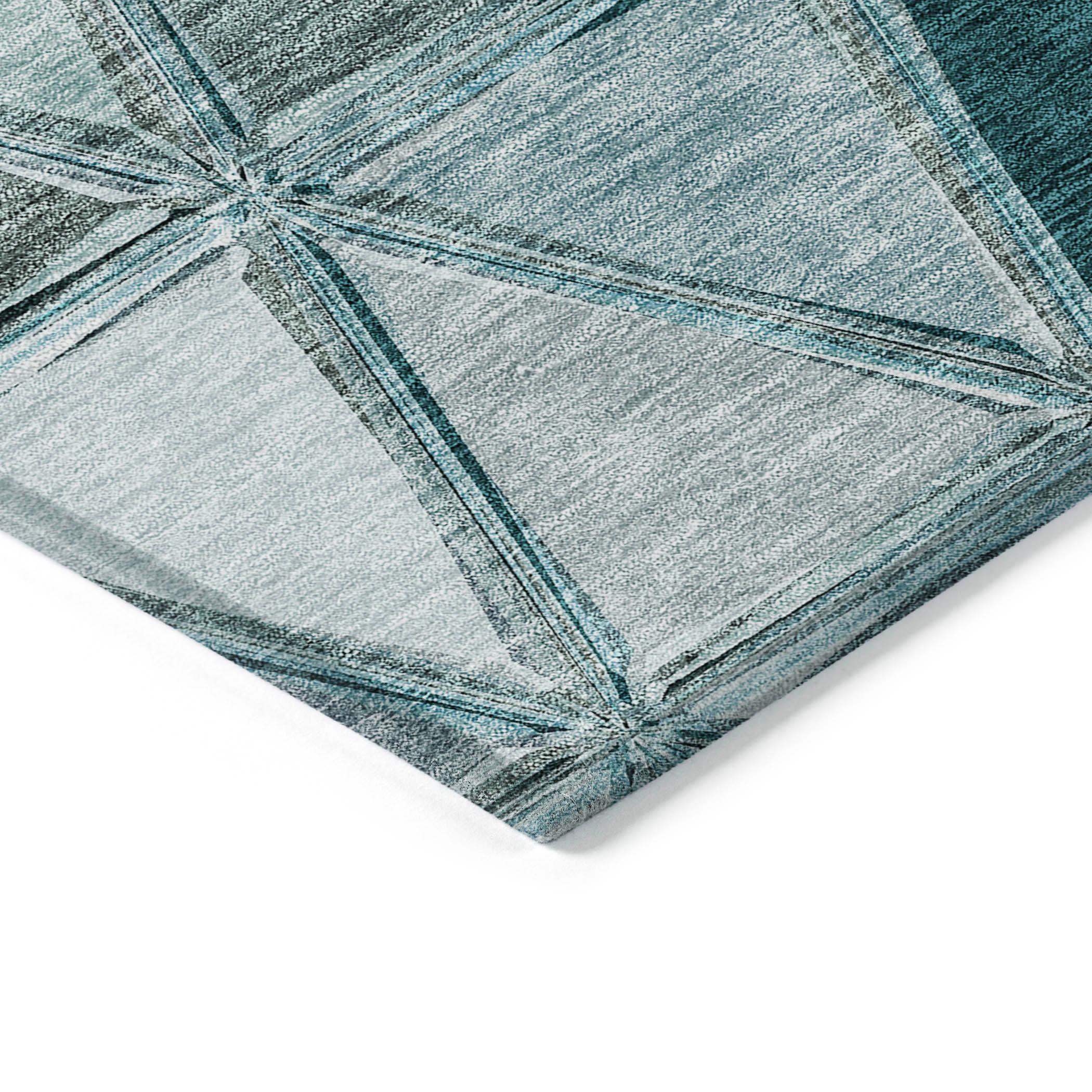 Teal Geometric Flat Woven Indoor Outdoor Washable Rug
