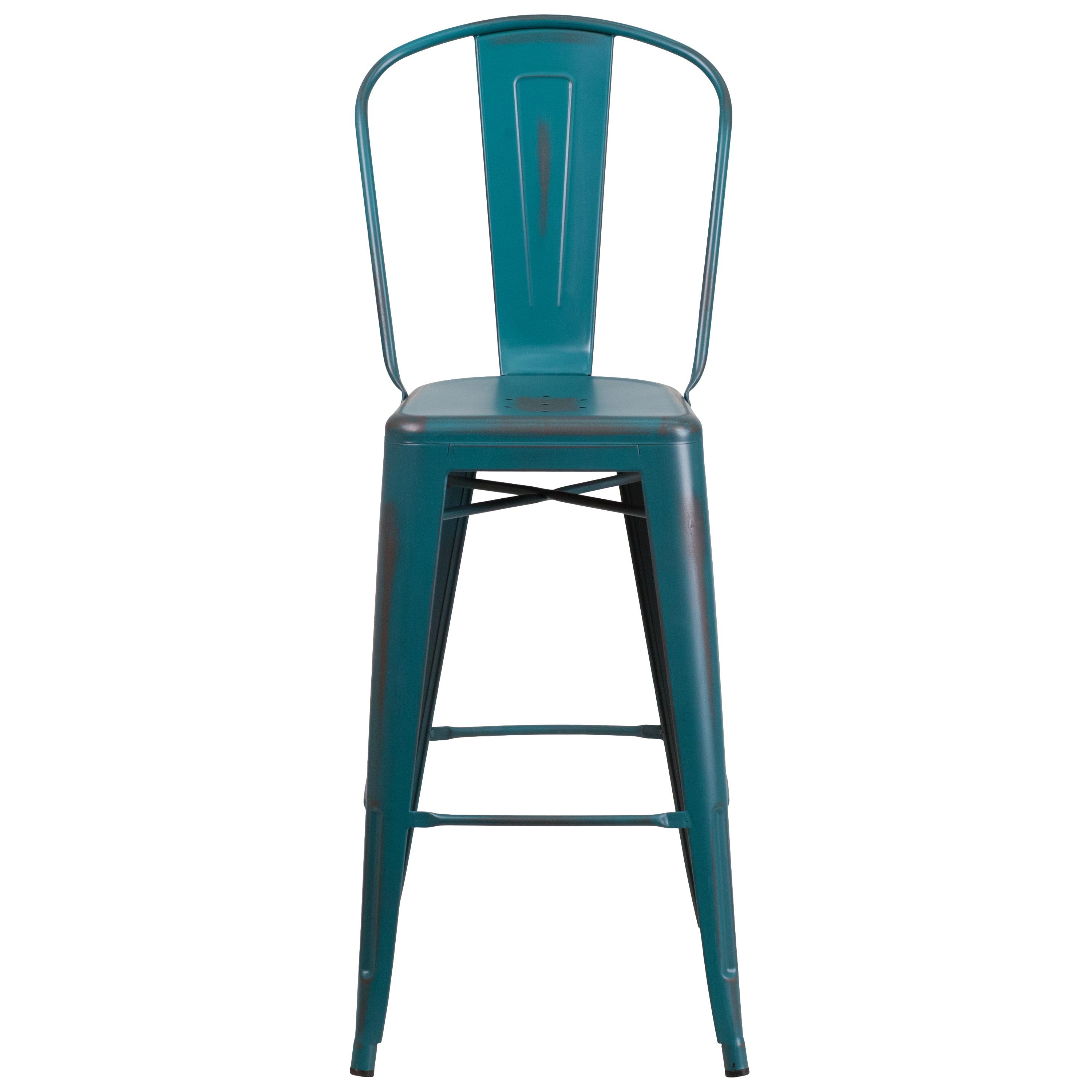 Flash Furniture Commercial Grade 30" High Distressed Kelly Blue-Teal Metal Indoor-Outdoor Barstool with Back