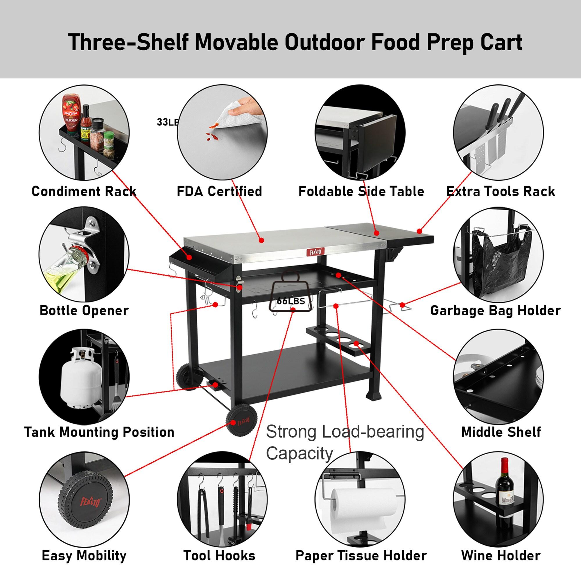 50 in. Three-Shelf Stainless Outdoor Movable Food Prep Grill Cart Table with Fordable Side Table