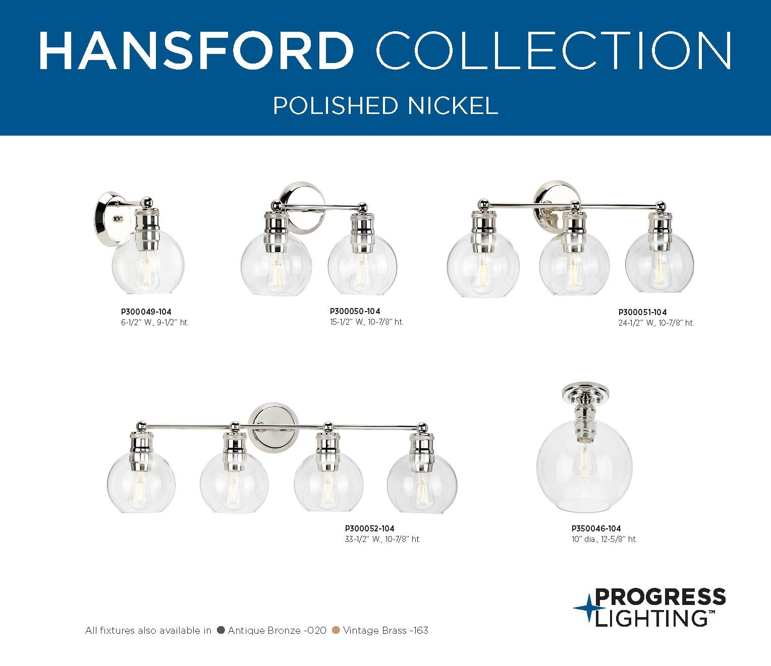 Progress Lighting Hansford 1-Light Flush Mount, Polished Nickel, Clear Shade