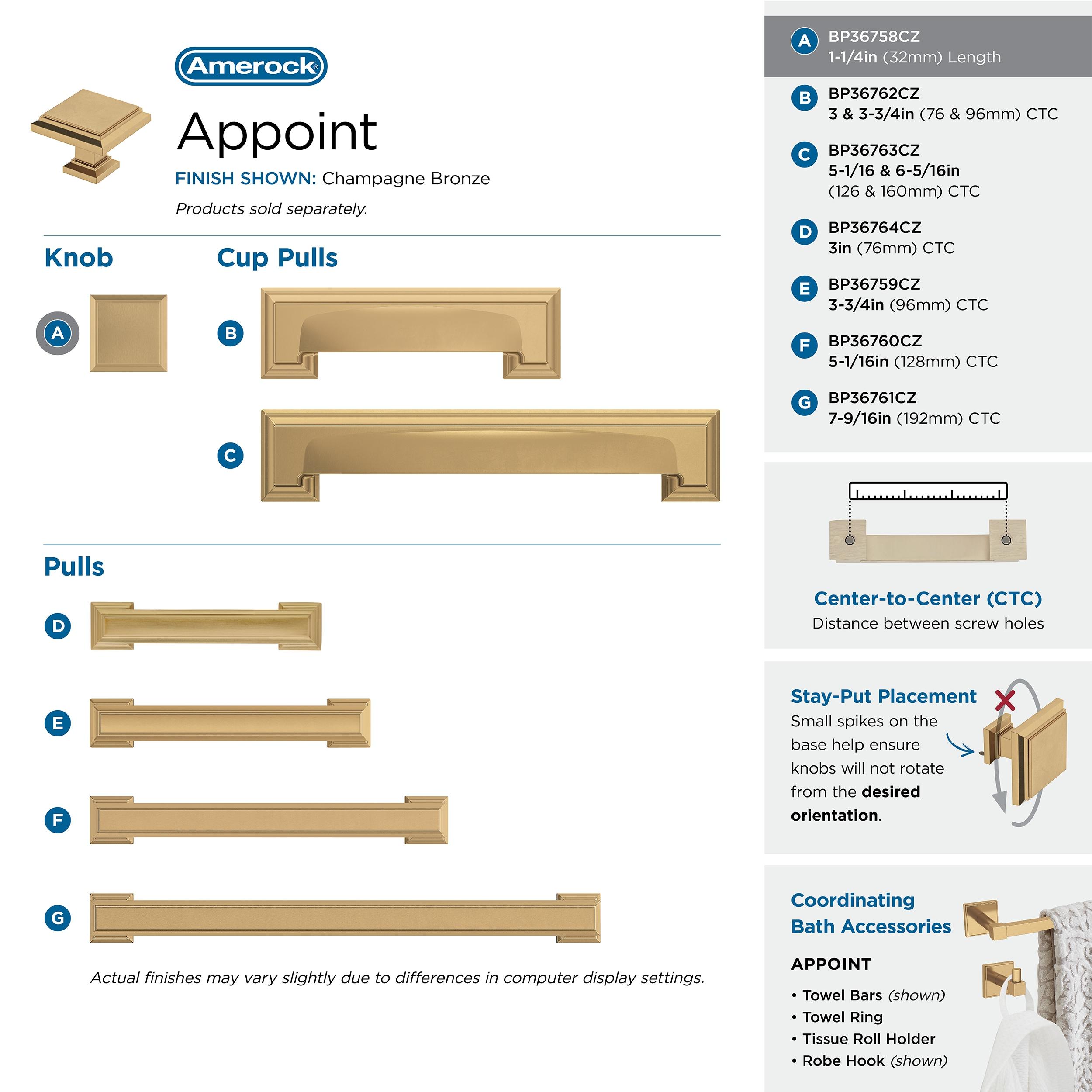 Amerock Appoint 1-1/4 inch (32mm) Length Champagne Bronze Cabinet Knob