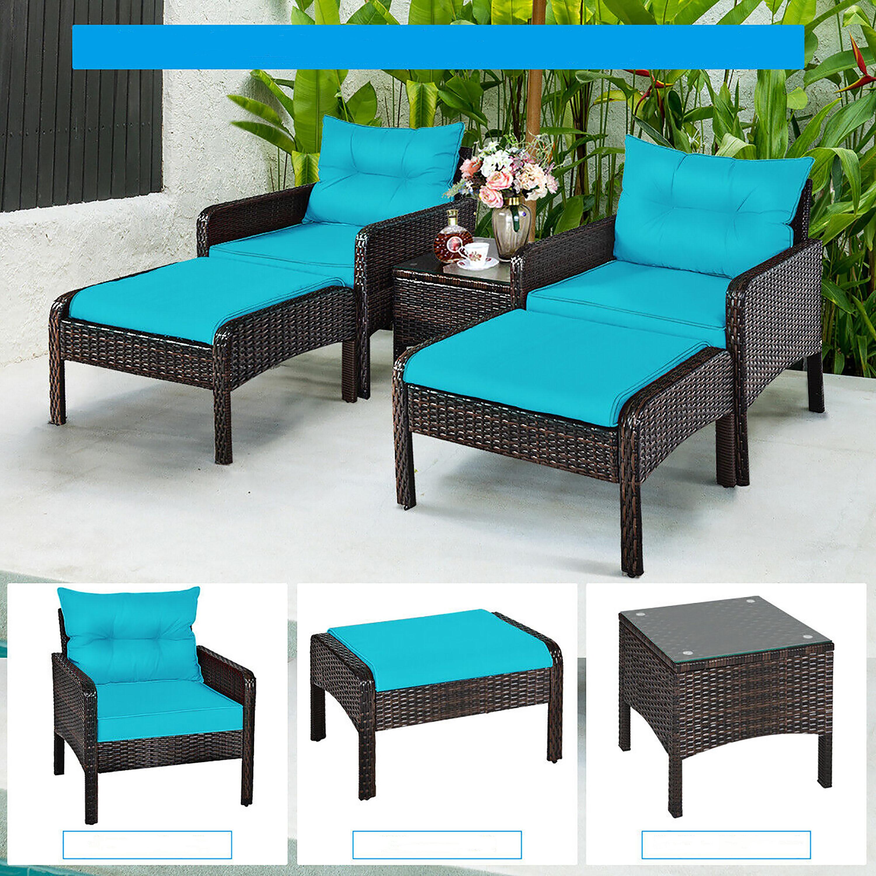 Spaco 5 Pieces Patio Rattan Sofa Ottoman Furniture Set with Cushions, Conversation Set with 2 Single Chairs, 2 Ottomans and A Side Table, Ottoman Furniture Set for Outdoor, Turquoise